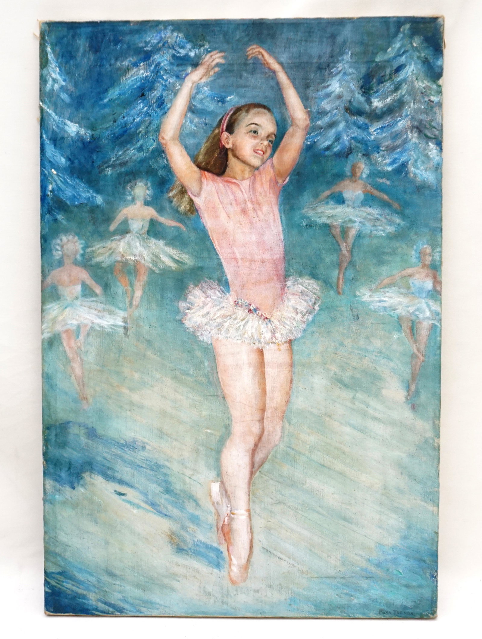 YOUNG BALLERINA PORTRAIT: Portrait of a young ballerina oil on canvas. Signed lower right Fern Turner. Unframed, measures 16"x24"x1/2". Weight 1 pd 11 oz. PROVENANCE: Edwin Moore Brogdon, PhD, collection. Dr. Brogdon was the o