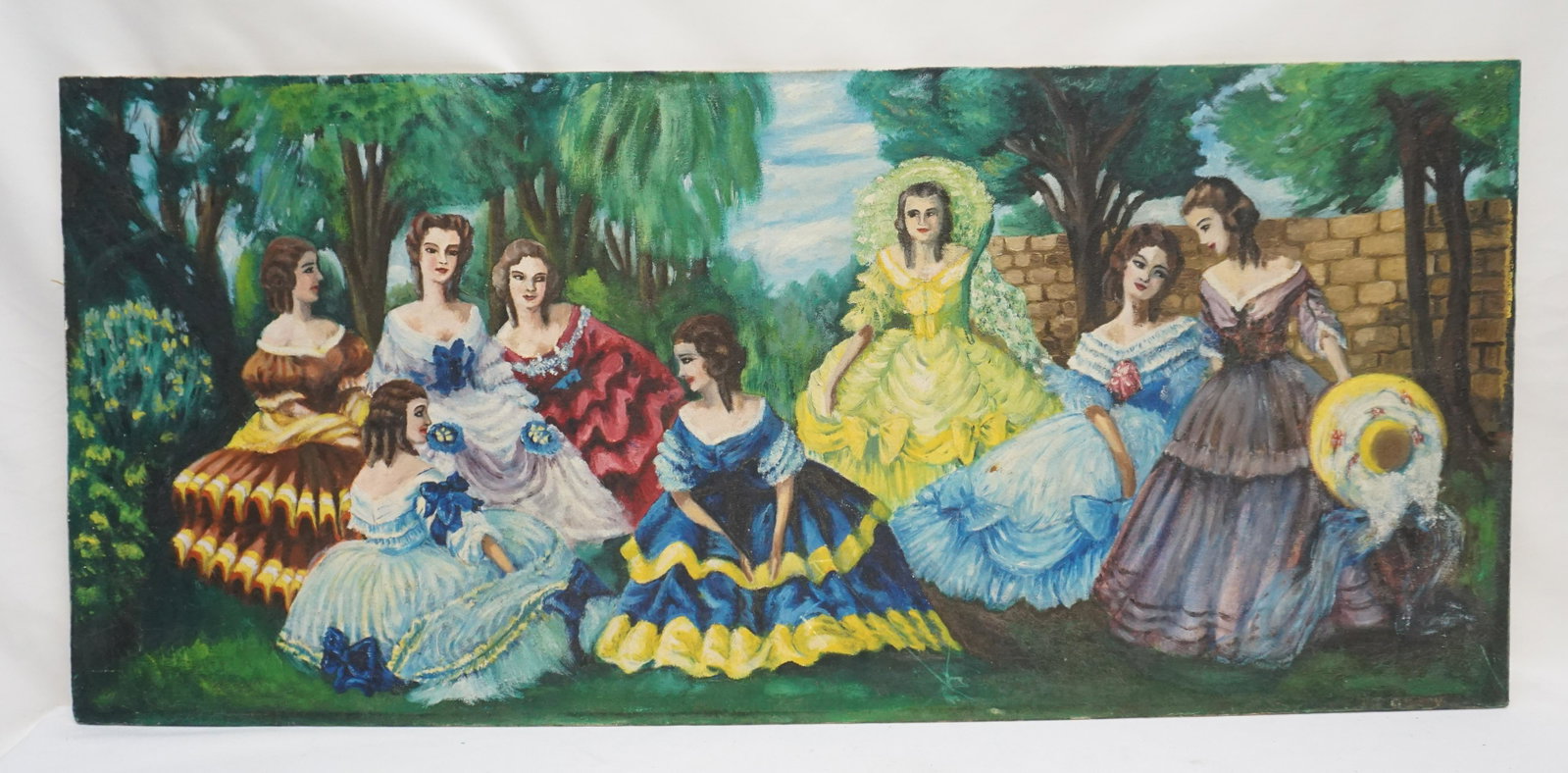 SOUTHERN BELLES PAINTING: Original Vintage c. 1940-50s Painting of a Row of Southern Belles in Gowns. Unsigned, canvas mounted to board. Measures 18"x40 1/2"x1/2". Weight 5 pds. PROVENANCE: Edwin Moore Brogdon, PhD, collection