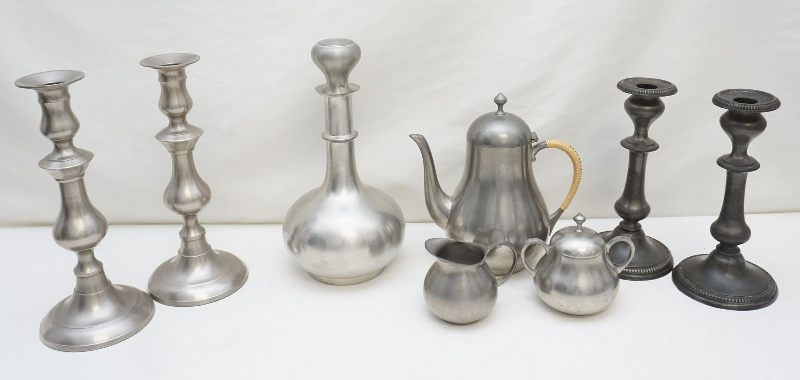 8pc PEWTER COFFEE SET - DECANTER - CANDLESTICKS (1 of 10)