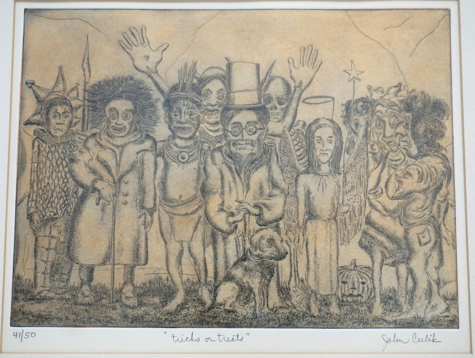 TRICKS OR TREATS JOHN CULIK ETCHING: Mid Century John Culik (American, b. 1923) Limited Edition Etching. "Tricks or Treats". Signed, titled and numbered in pencil by the artist. Professionally framed and matted. Measures in frame 18 3/4"