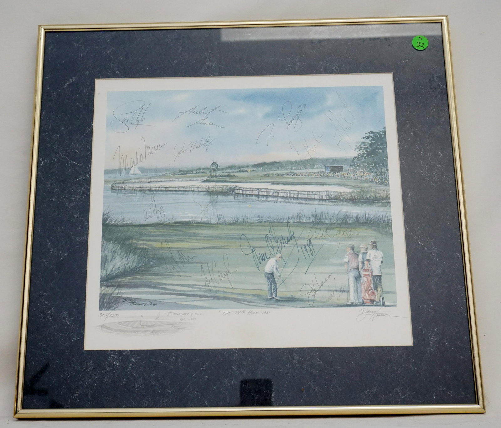 THE 17th HOLE HILTON HEAD 1989: Barry Horowitz "The 17th Hole, 1989" a coloured limited edition print signed in the plate by the artist with other golfers signatures, including the late Payne Stewart who was the 1989 winner. Signed 