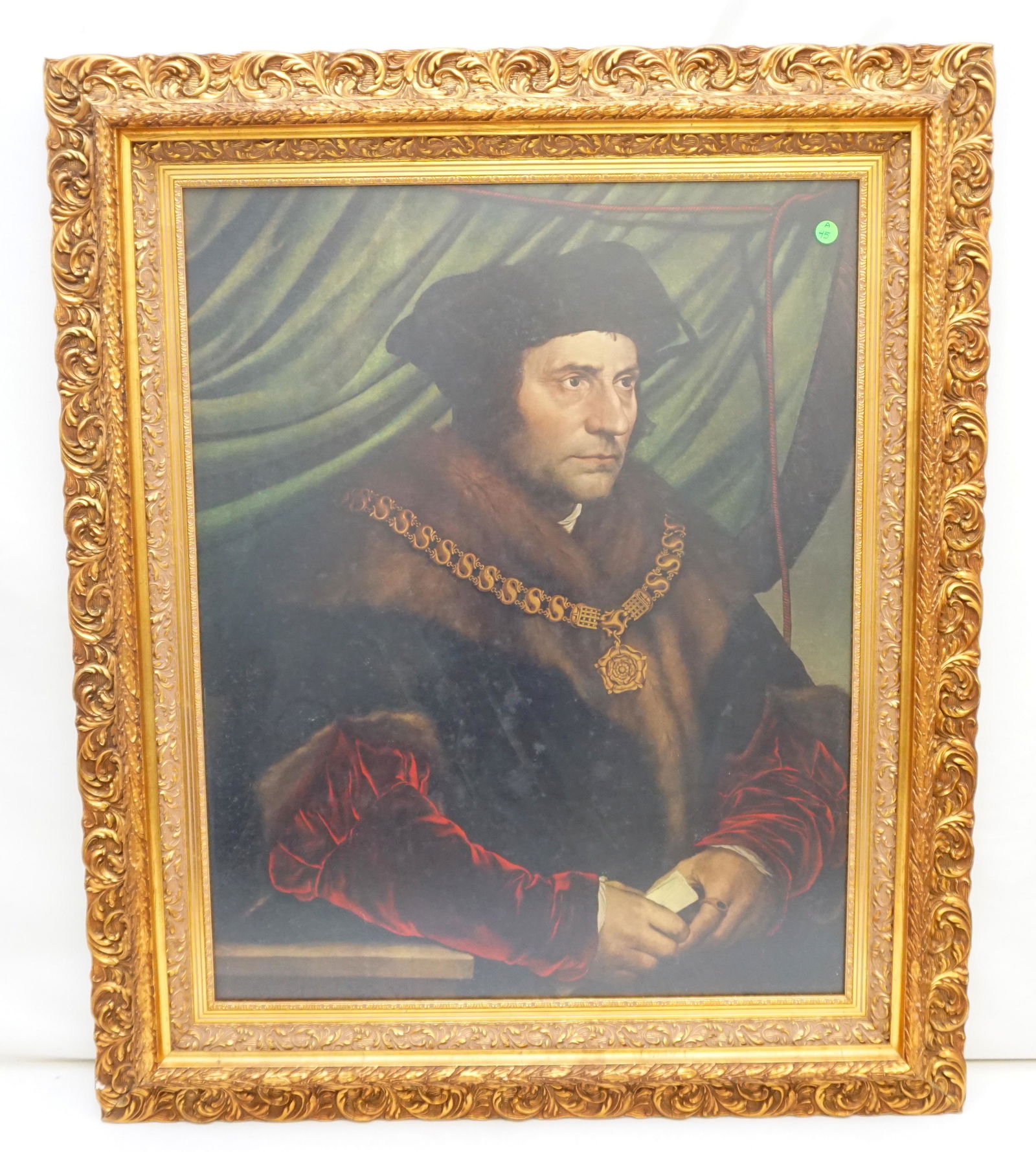 LARGE ORNATE GILT WOOD FRAME W ST THOMAS PRINT: Large Ornate Gilt Wood Frame with Vintage Print of Saint Thomas Morus, after Hans Holbein the Younger, on Composite. The frame would be perfect for use as a mirror. The frame is in good overall condit