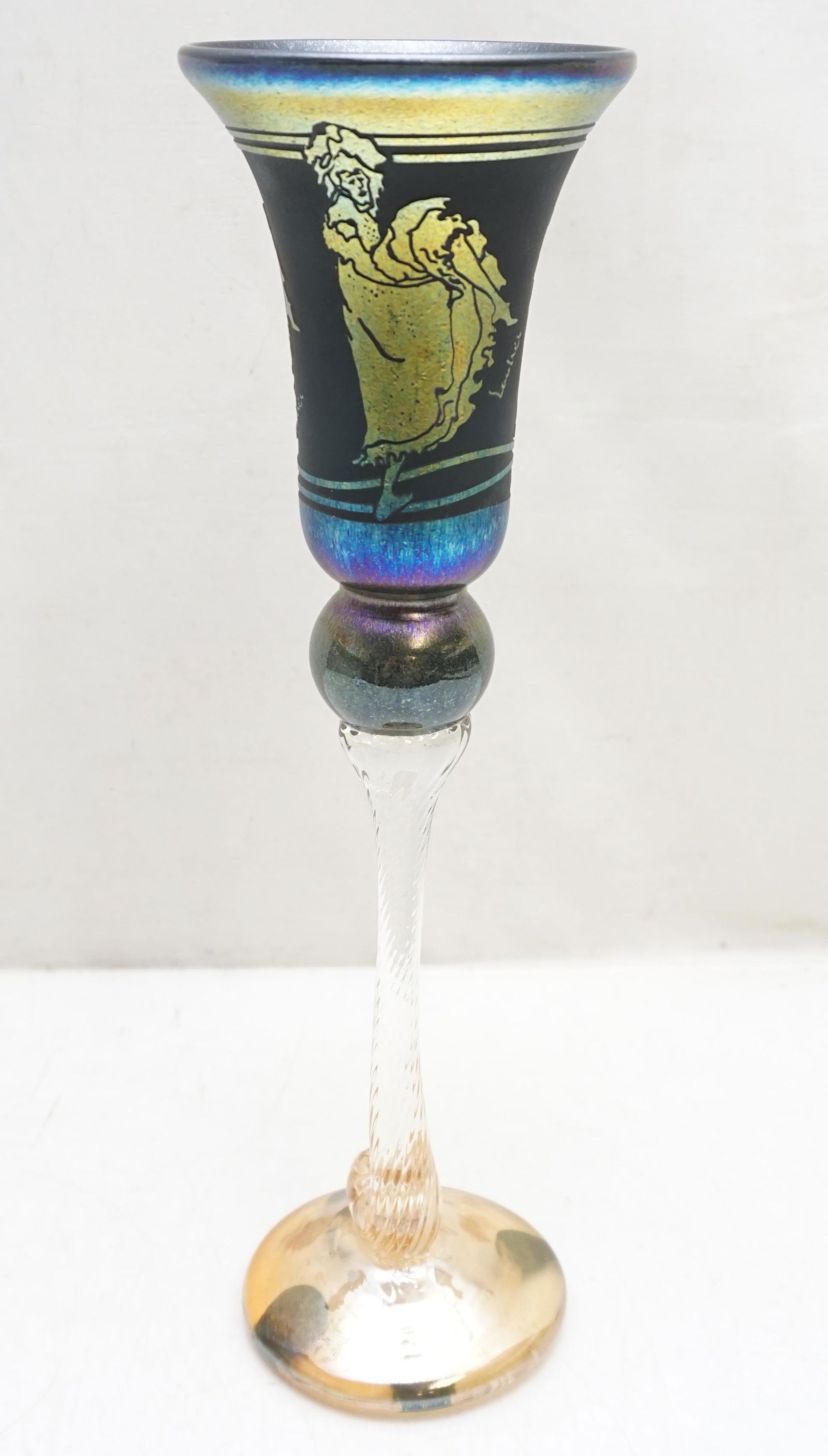 BRIONI WILLIAM FELLERMAN ETCHED ART GLASS: This is a very tall large hand-blown glass goblet, Lautrec Dancing Women, hand blown, cut, polished and etched by Brioni. It is a tall Etched Glass Gold Luster Design Vase by the legendary Brioni Will