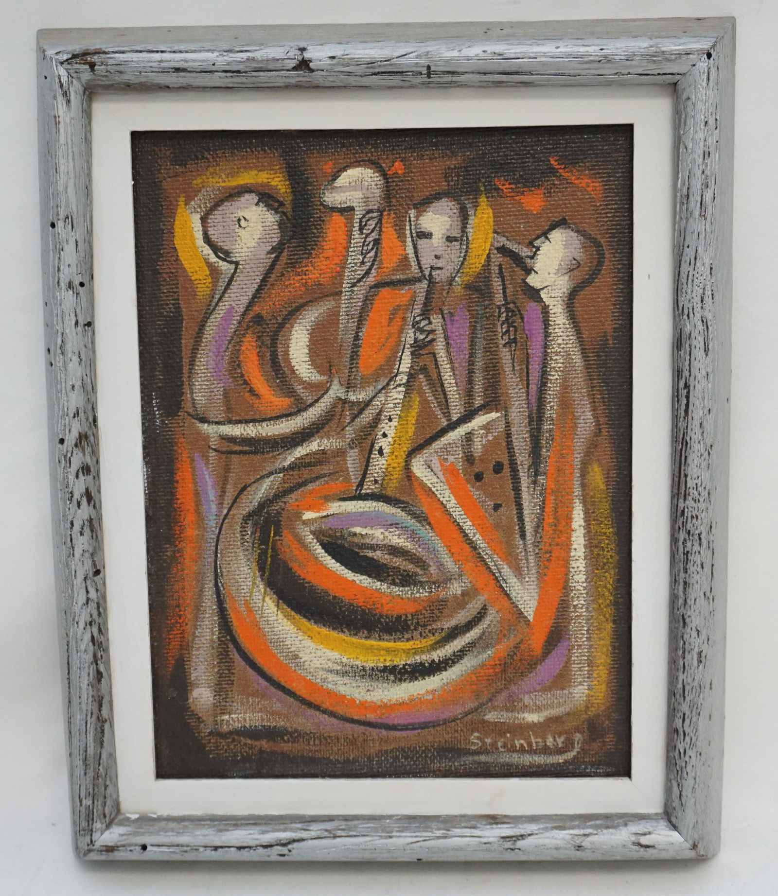 MID CENTURY OIL ON PANEL STEINBERG: Vintage Mid Century 1960s "Kinetic Musicians" Oil on Masonite Panel by Roy M. Steinberg. In silver painted Frame measures 12"x15"x1 3/4". Weight 1 pd 11 oz. Roy M. Steinberg received his BA degree in