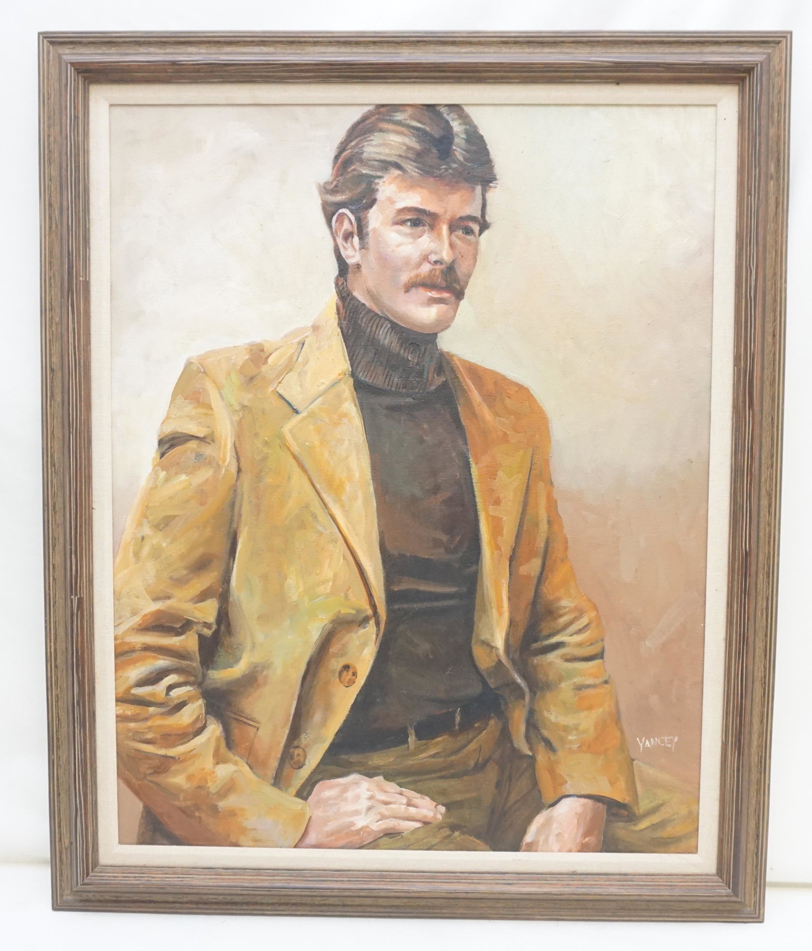 VINTAGE OIL ON CANVAS PORTRAIT: Vintage c. 1970s Oil on Canvas Portrait of a seated young gentleman in wood frame with linen liner. Signed Yancey lower right. . In frame 29"x35 1/2"x1 1/2". Weight 5 pds. PROVENANCE: Edwin Moore Brog