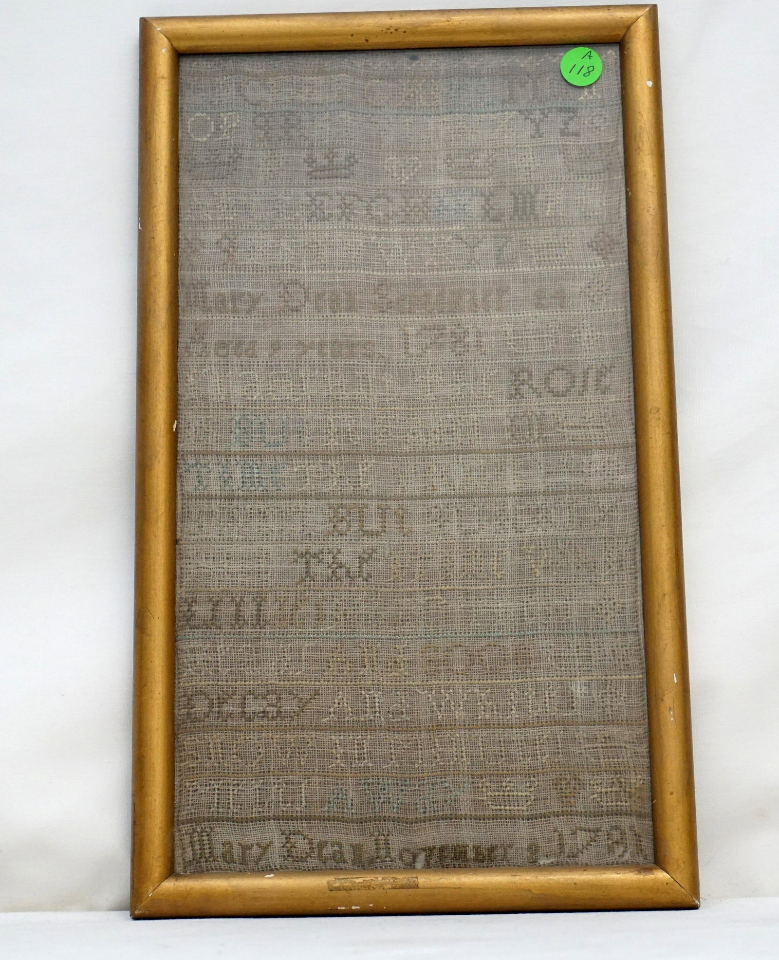 18th c SCHOOLGIRL SAMPLER 1781 SIGNED: Antique Silk Cross stitch on linen, alphabet and numerals including "Mary Dean September 24, Aged 9 years. 1781" with similar line at bottom, ten line verse "Fragrant the rose is but it fades in time 