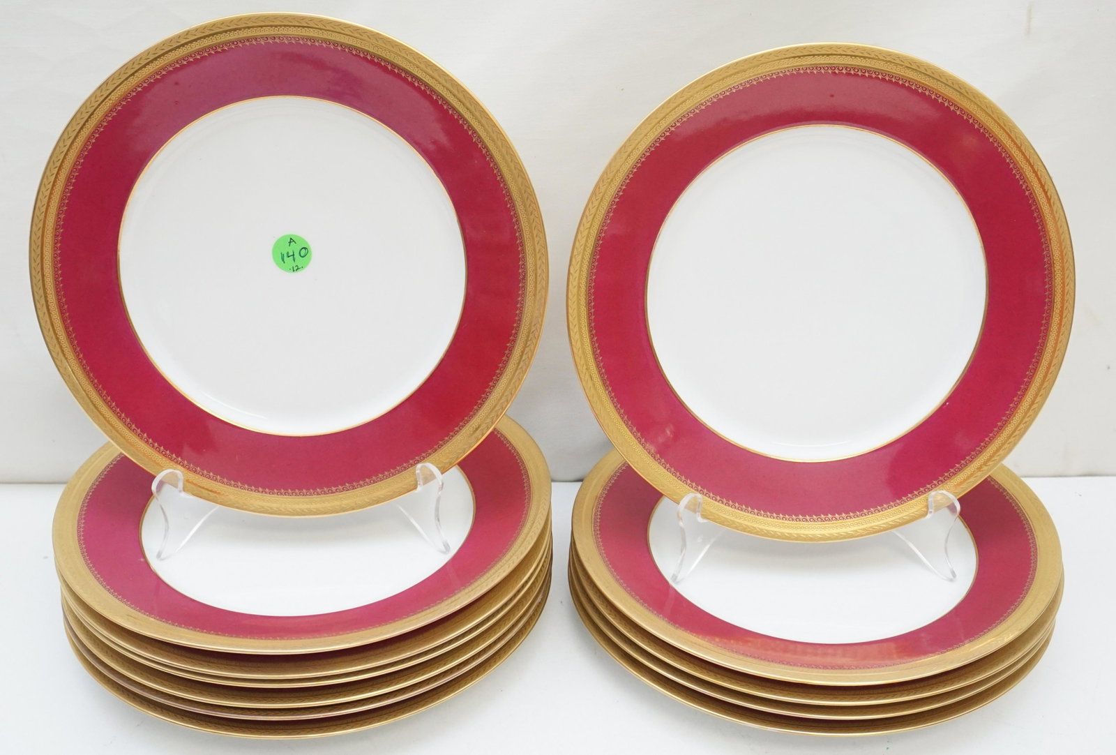 12 LIMOGES WILLIAM GUERIN PARTIAL GILT PLATES: Twelve (12) William Guerin & Co. Limoges Partial Gilt Porcelain Luncheon Plates, early 20th century. Each 9 1/2". Good condition. Weight on all 10 pds. PROVENANCE: Edwin Moore Brogdon, PhD, collection