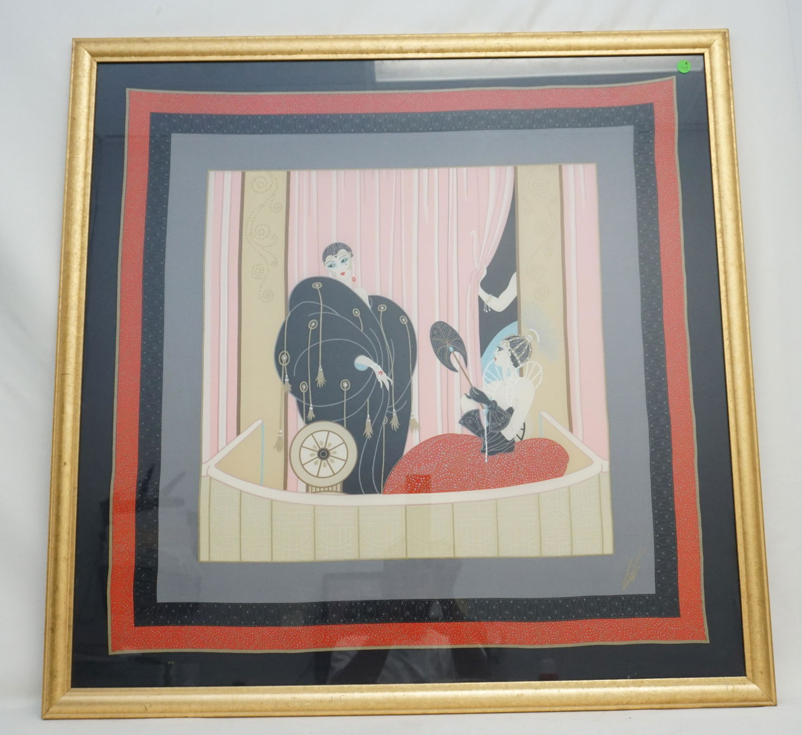ERTE (ROMAIN DE TIRTOFF), RUSSIAN (1892-1990): Erte L'Opera Art Nouveau silk scarf Artist-signed Erte. Measures 37"x37"x1 1/4" in frame. Vibrant colors. Weight 17 pds. Romain de Tirtoff (1892-1990) was a Russian-born French artist and designer kno