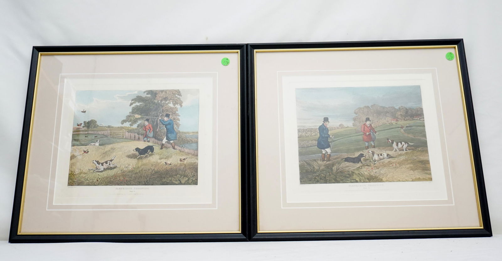 PAIR PARTRIDGE SHOOTINGS ENGRAVINGS: Two Partridge Shooting Hand Colored Aquatint Sporting Engravings by H. Alken. Plates 3 and 4. Published April 6, 1835 by S & J Fuller, at their Sporting Galley, 34 Rathbone Place. Henry Thomas Alken w