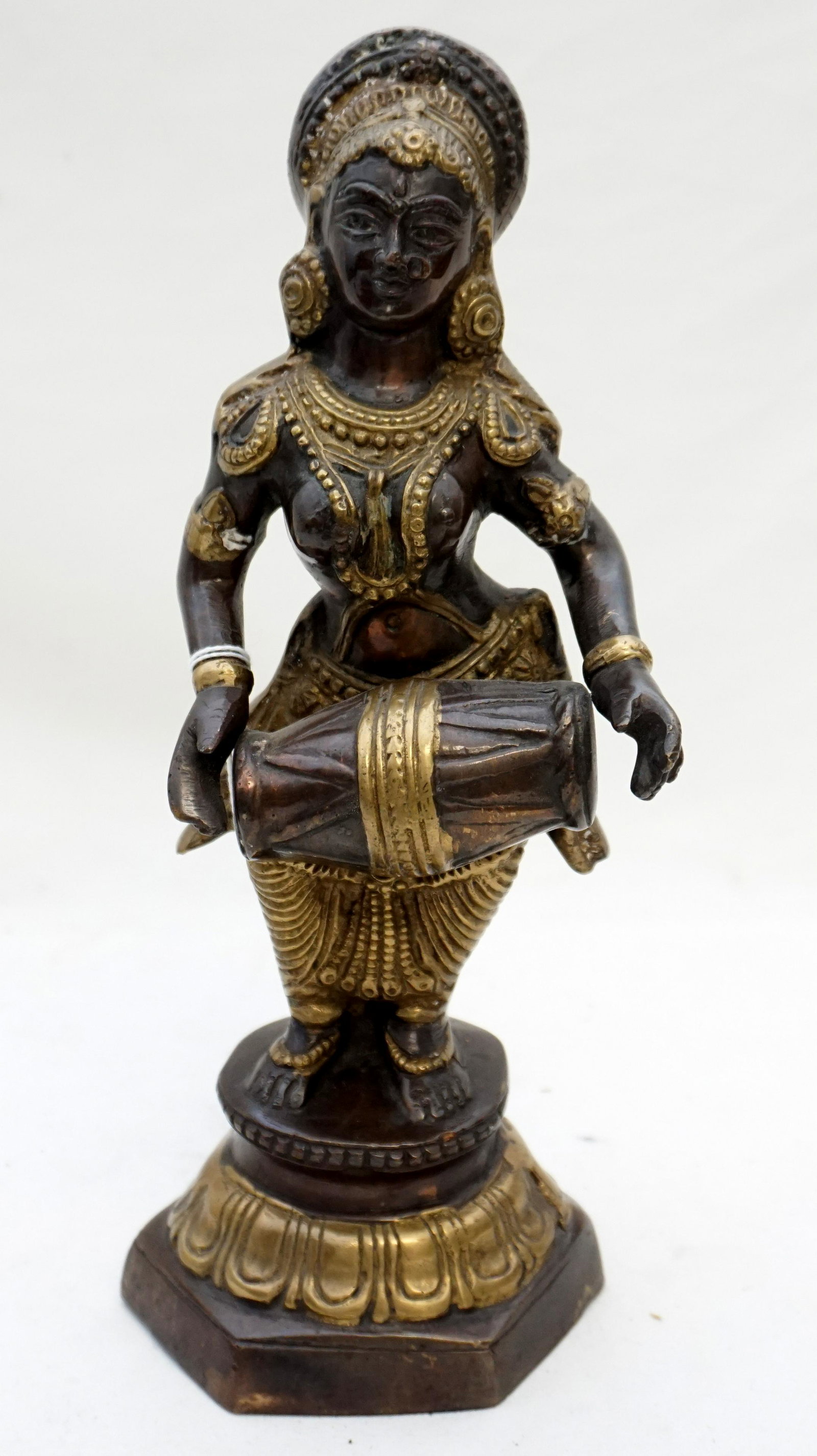BRONZE HINDU GODDESS PARVATI: Mid 20th c. Bronze Hindu Goddess Parvati with Drum. Measures 11 1/2". Weight 5 pds 6 oz. PROVENANCE: A Private Charleston SC Estate.