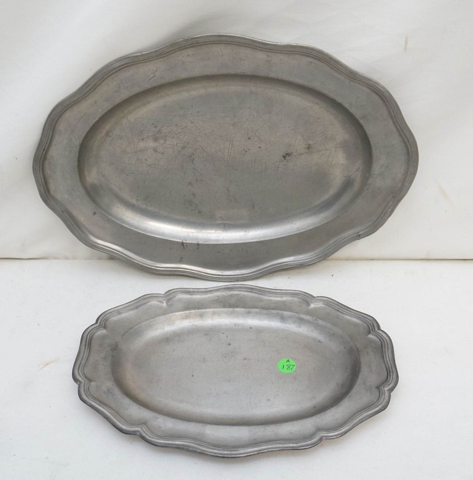 2 ANTIQUE 18TH c FRENCH PEWTER PLATTERS: 1- Antique Large Pewter French Provincial Fish Platter / Tray dated 1766. Touchmark Joh. Martin. Platter having a wide, serpentine, double reeded edge rim. 16". 2- Oval French Pewter Tray by Oudart of
