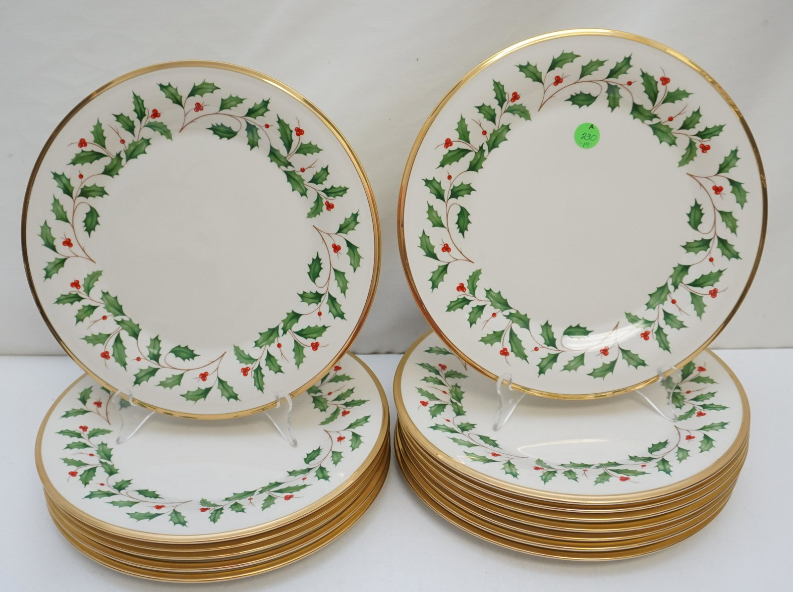 14 LENOX HOLIDAY PLATES: Fourteen (14) Holiday (Dimension) Fine Bone China Dinner Plates 10 3/4" from Lenox. Like new, unused, all with the price tags still on. Dimension Shape, Holly, Berries, Gold Trim. Each 10 3/4". Weight
