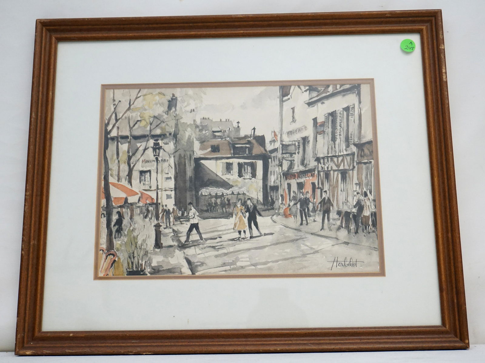HERBELOT PARIS FRANCE PAINTING-PLACE DU TERTRE: Vintage Mid Century Watercolor Lithograph by Herbelot. Signed by the artist, a view of Paris La Place du Tertre in Montmartre. Herbelot was a prolific Parisian street artist active from the 1940s thro
