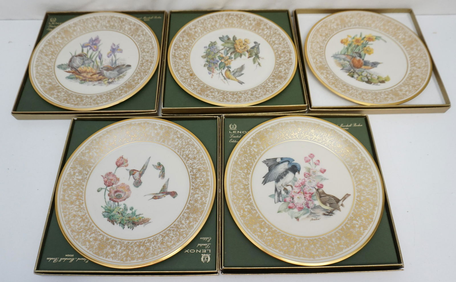 5 LENOX BOEHM BIRD PLATES W BOXES: 5 Vintage Fine Bone China Collectible Bird Plate with Bird Scenes By Edward Marshall Boehm. All in original boxes. All plates 10 3/4". 1- Rufous Hummingbird. 2- Black Throated Blue Warbler. 3- Golden