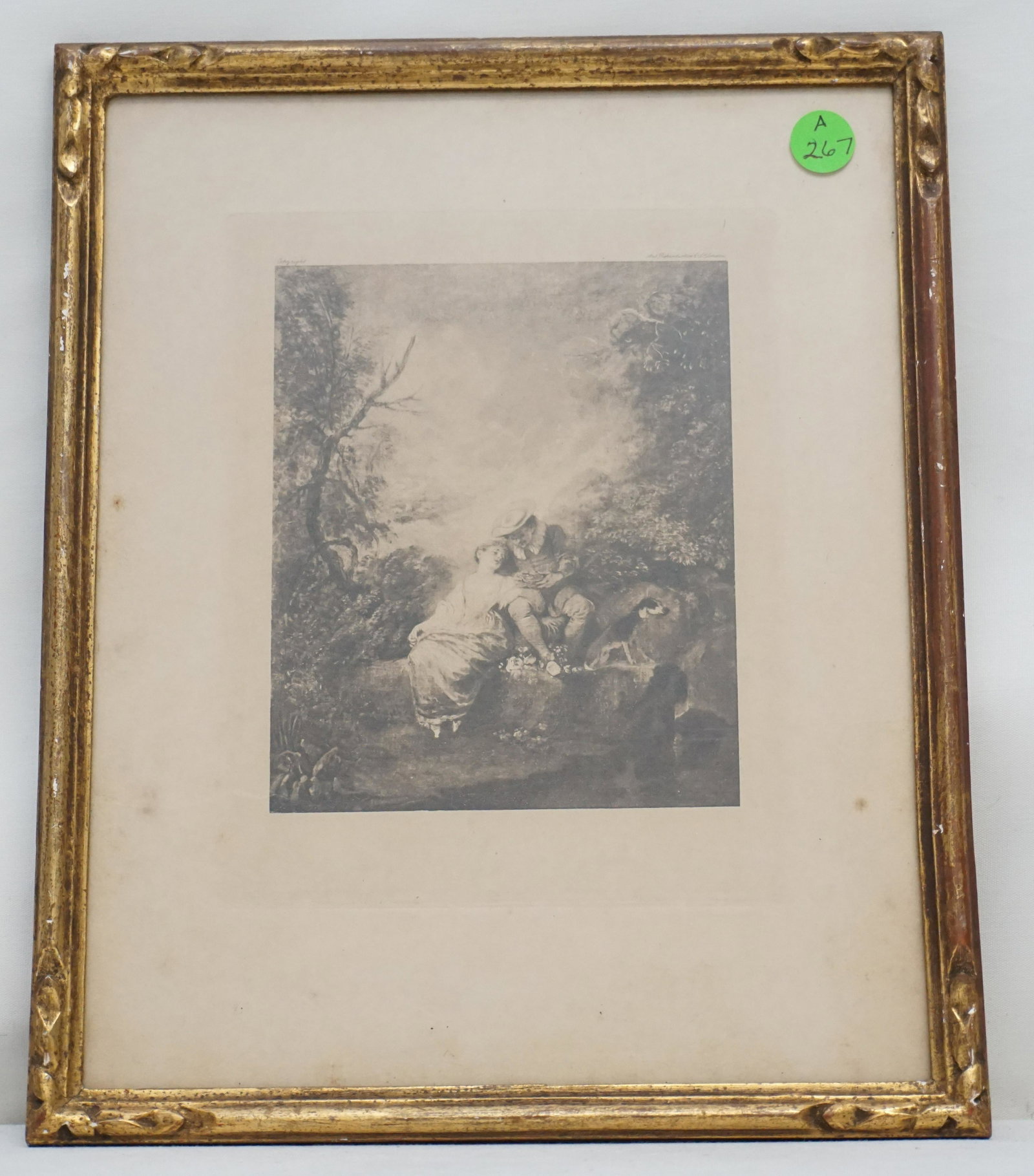 ANTIQUE ROMANTIC ENGRAVING: Antique early 20th c. Romantic Engraving, couple with dog. Printed in London. In French giltwood frame, under glass. Measures 10 1/2"x12 1/2"x1/2". Weight 1 pd 7 oz. PROVENANCE: Edwin Moore Brogdon, P