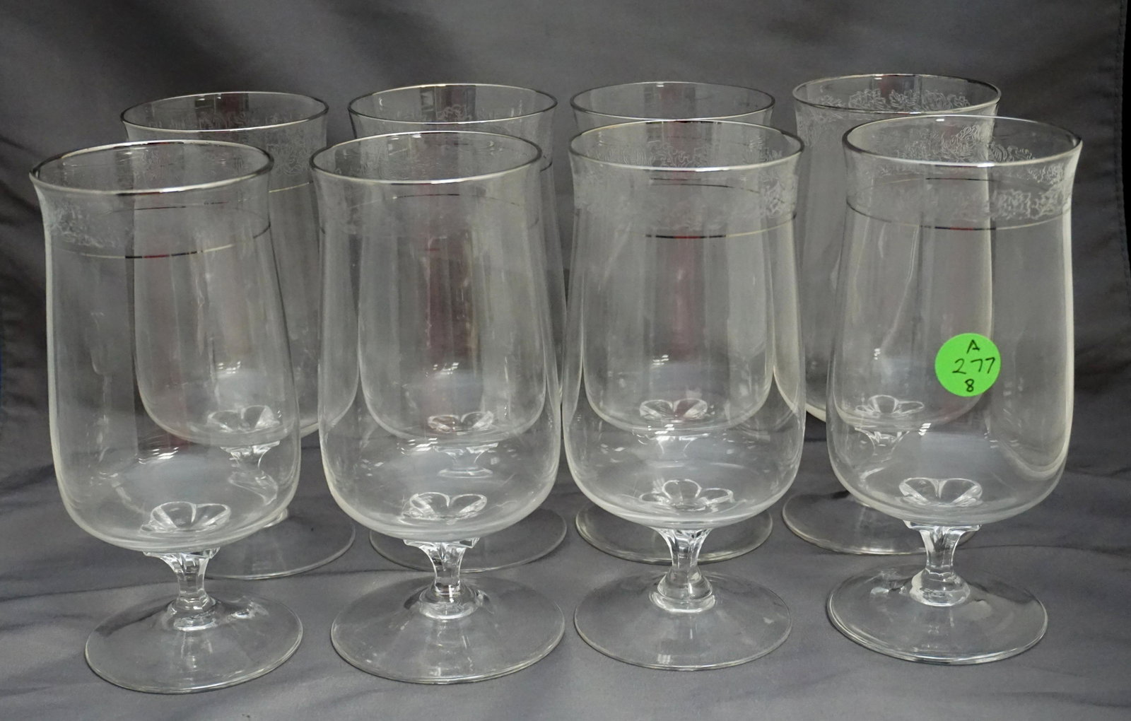 8 LENOX MOONSPUN PLATINUM ICED TEA GLASSES: 8 Vintage Lenox Moonspun (Platinum Trim) Ice Tea Glasses. Each 2 3/4" wide and 6 3/8" tall. Weight on all 3 pds. PROVENANCE: A Private Charleston SC Estate