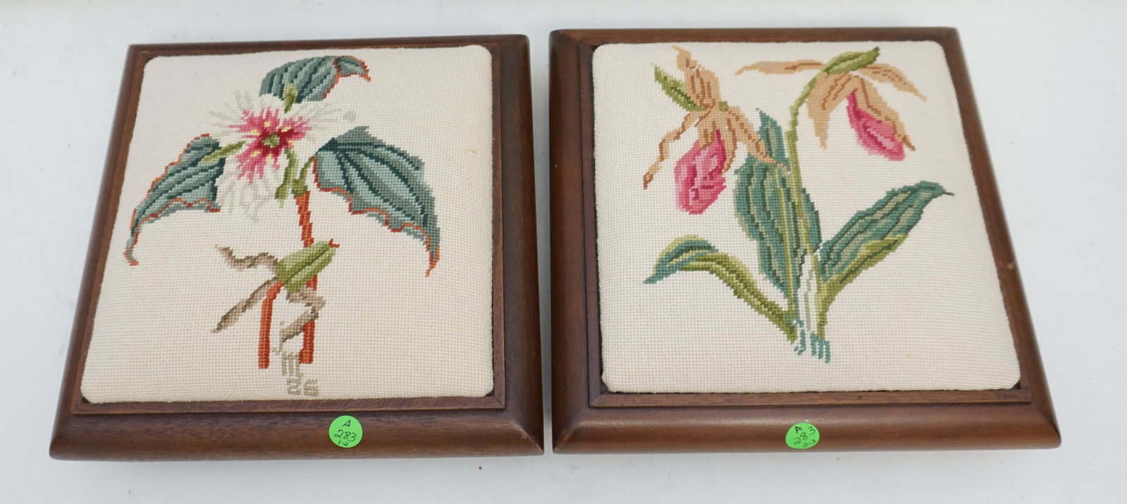 PAIR TAPESTRY TOP FOOT STOOLS: Pair of Vintage Floral Tapestry Top Footstools. Each 11 1/2"x11 1/2"x3 1/2". Weight combined 7 pds. PROVENANCE: A Private Charleston SC Estate