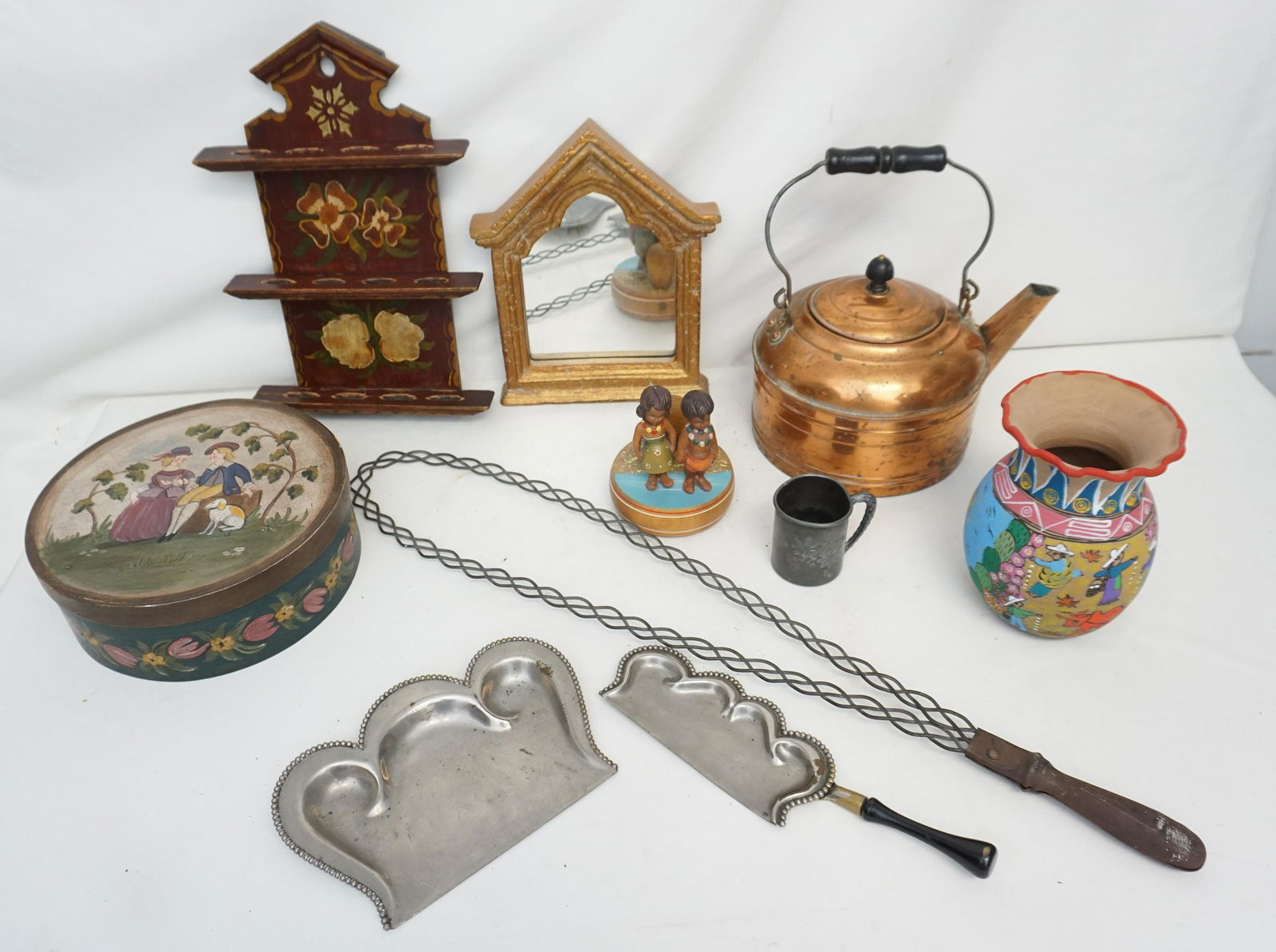 9 PC PRIMITIVE / COLLECTIBLE BOX: Antique / Vintage Box Lot. 1- Copper Tea Kettle 11" long. (dings) 2- Mexican Folk Art Pottery Vase 7 /14". 3- Primitive Braided Rug/Carpet Beater 29 1/2". 4- Hand Painted Bentwood Box Couple with Dog,