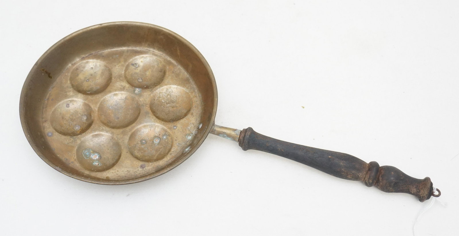 FRENCH COPPER ESCARGOT PAN: Antique Copper Escargot Pan with wood handle. Measures 15 1/2" long. Weight 11 oz.