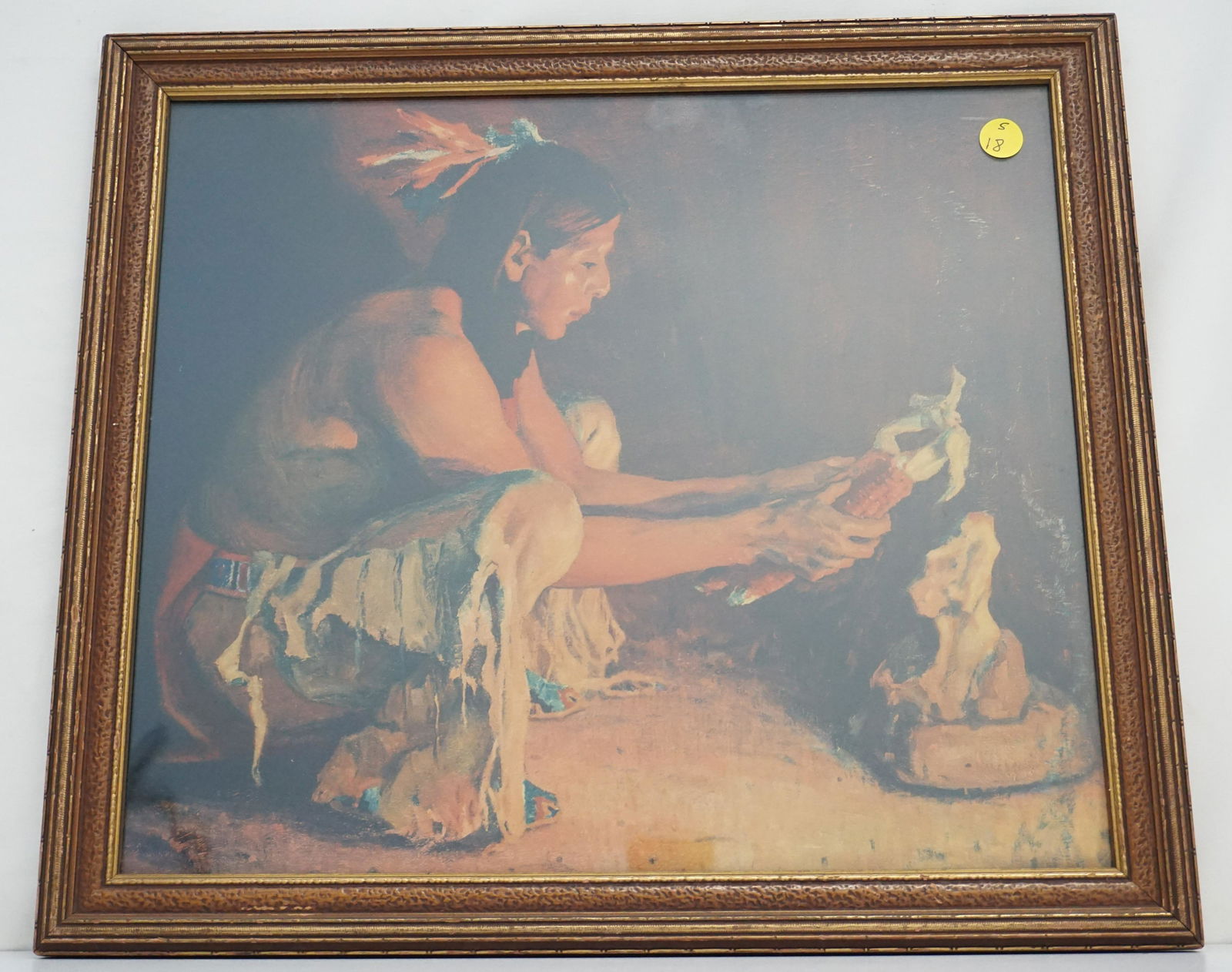 VINTAGE CORN CEREMONY EANGER IRVING COUSE PRINT: After Eanger Irving Couse, (American, 1866-1936), Scarce Native American "Corn Ceremony", vintage art print. Printed by the House of Art, New York.Wood frame. in frame under glass measures 18"x16"x1".