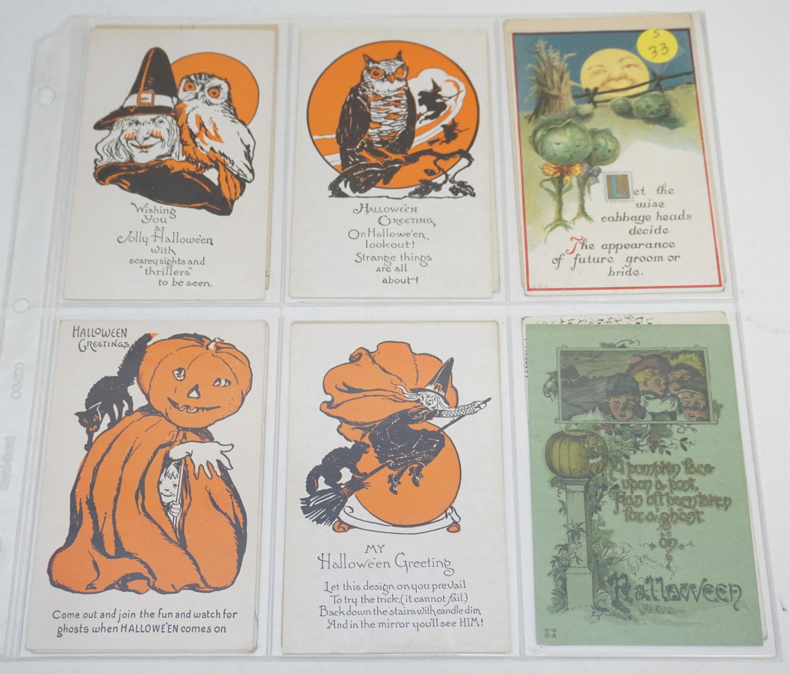 12 ANTIQUE HALLOWEEN POSTCARDS: 12 Original Early 20th c. Collectible Halloween Die Cut, Embossed, Litho Postcards. Publishers include Metropolitan News Series, HIR, Nash, Sanders, J. Marks. PROVENANCE: A Charleston SC Private Estat