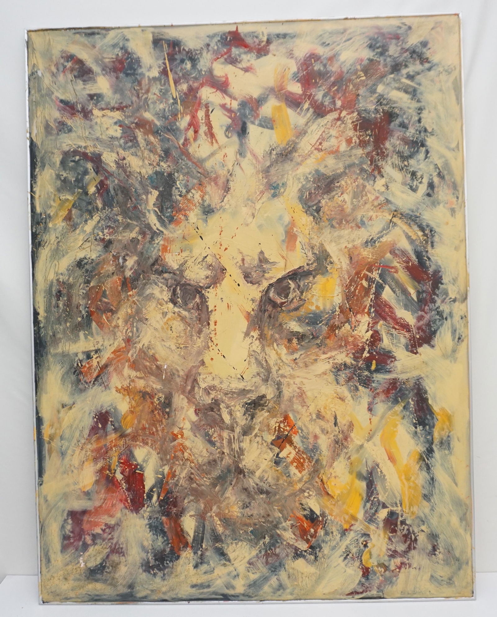 SUSAN WAGNER LARGE LION ABSTRACT: Large 20th c. Contemporary Abstract Lion Painting on Masonite by Susan Wagner. Painted in 2008. Simple chrome frame. Measures 26"x47 1/2"x1". Weight 11 pds 5 oz. PROVENANCE: A Private NYC / Charleston