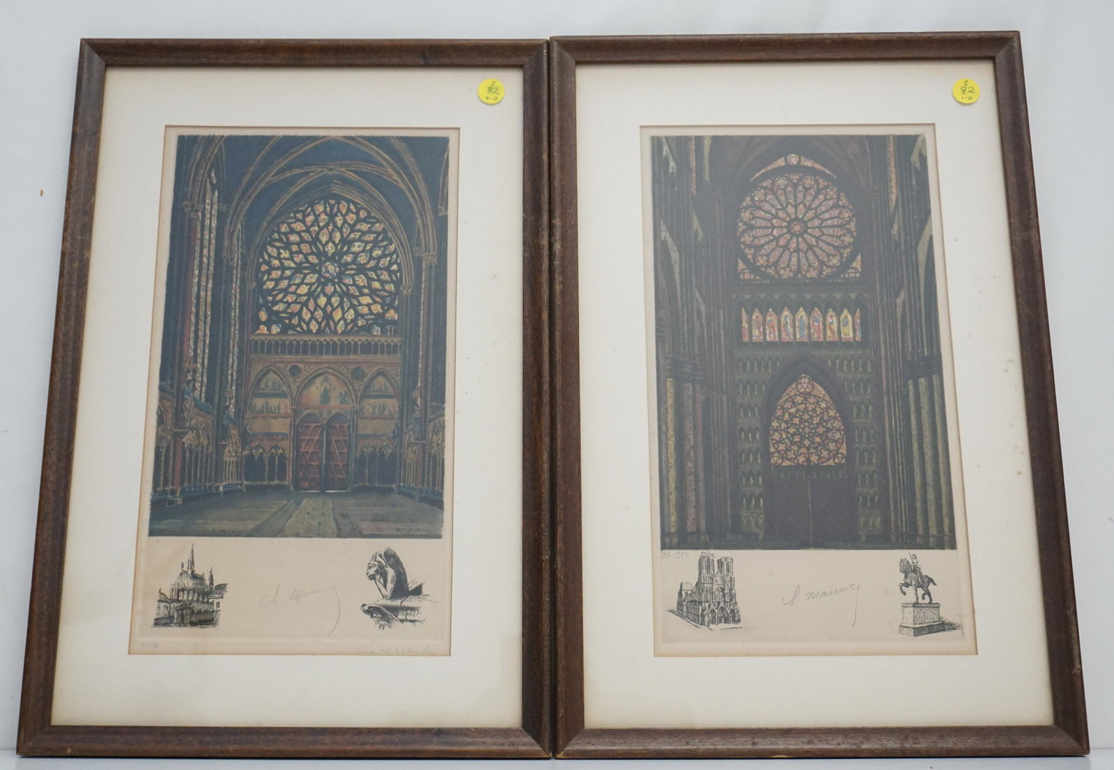 2 FRENCH CATHEDRAL HAND COLORED ETCHINGS: Pair of Antique Early 20th c. hand colored aquatint Cathedral Window Etchings, Paris. Church of St-Etienne-du-Mont and Notre Dame. Both signed in pencil Charles Maurice. In matching frames and mats. E