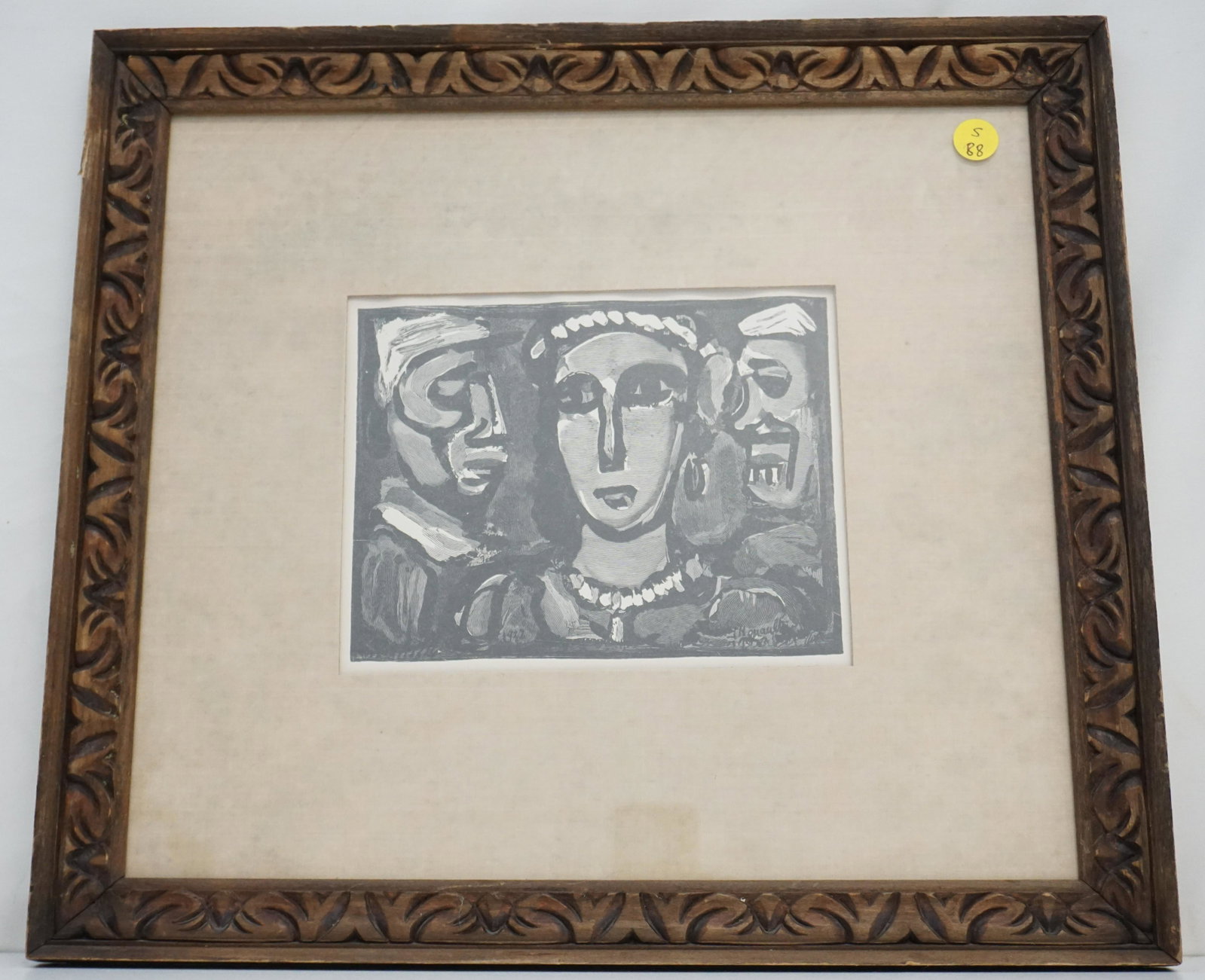 LES VISAGES GEORGES ROUAULT WOOD ENGRAVING: Original Wood Engraving "Les Visages" by Georges Henri Rouault ( french, 1871-1958). In frame 17 1/4"x15 1/2"x1". Weight 2 pds 6 oz. Georges Henri Rouault was a French painter, draughtsman, and print 