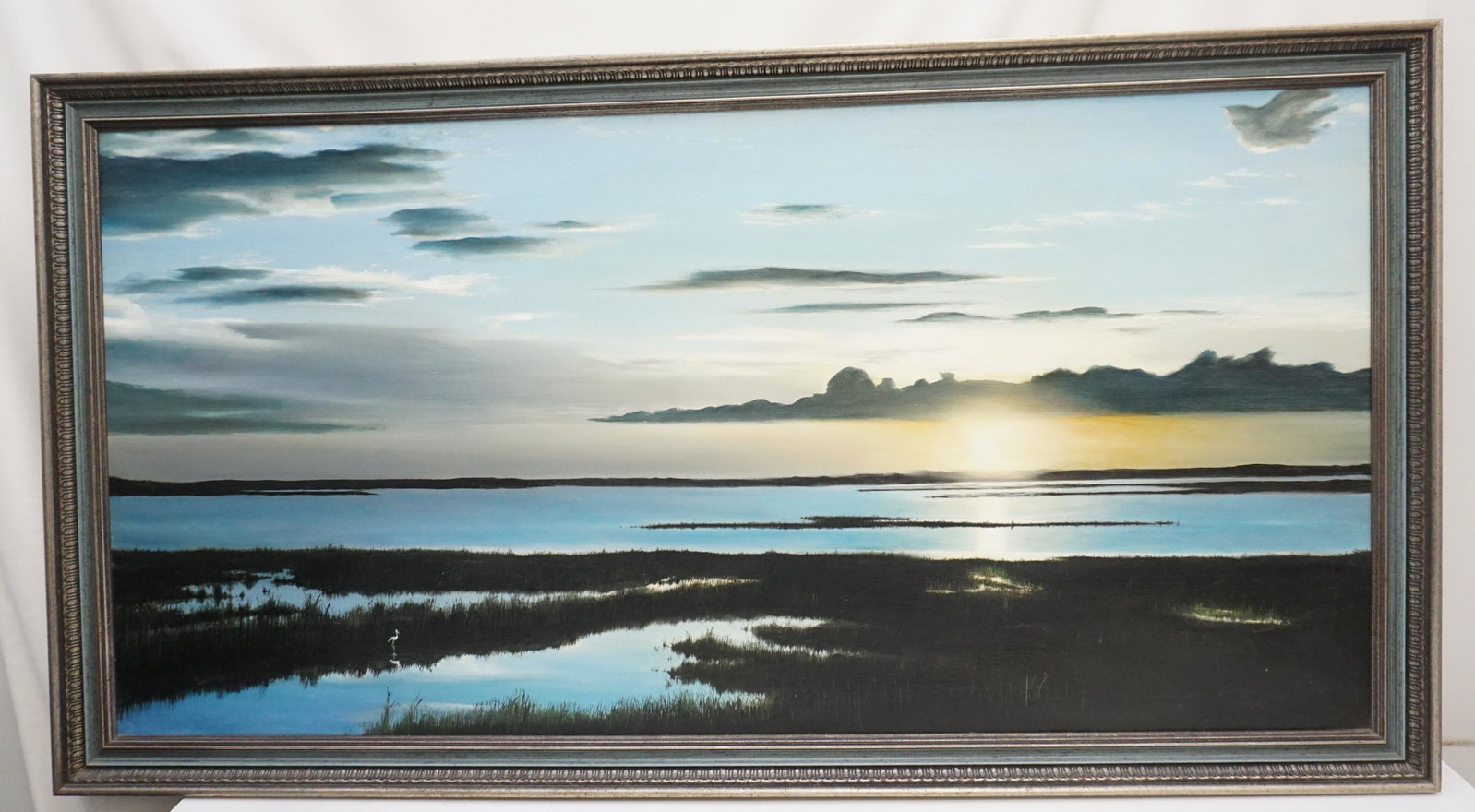 ORIGINAL OIL JIM BOOTH LOWCOUNTRY SUNSET: Original Large Jim Booth "Lowcountry Marsh Sunset" Oil on Canvas. Sunset in the Marsh with a snowy Egret in the reeds. Jim Booth's original Oils have become very hard to find, as he stopped selling hi
