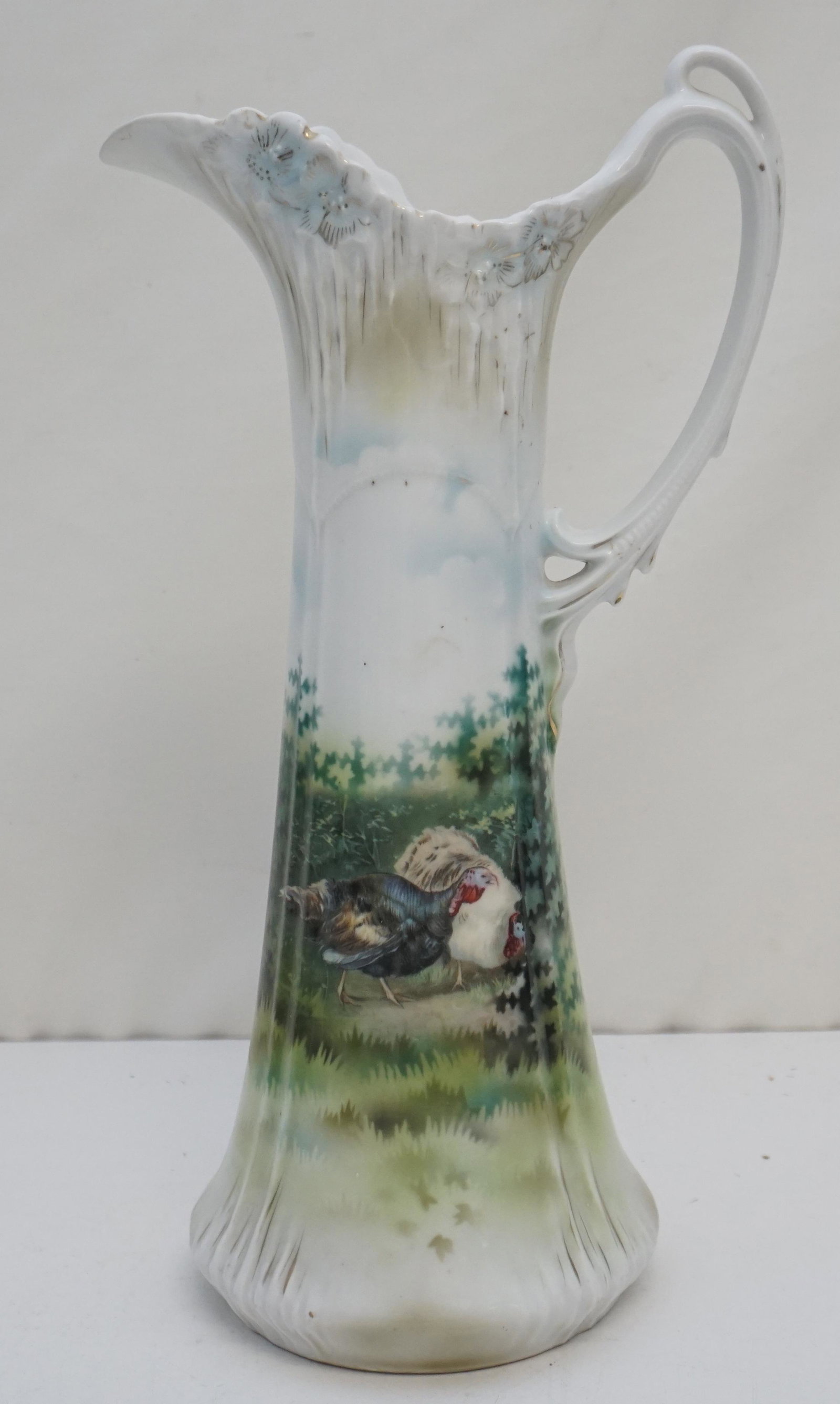 RS PRUSSIA TURKEY TANKARD MOLD 466: Scarce Antique RS Prussia Turkey Tankard, Art Nouveau Mold 466 with icicles, measures 14" tall Front with 2 turkeys against a wooded background with shadow grasses and trees all on white body, back of