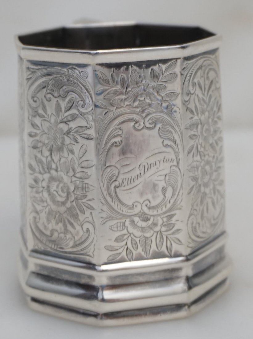 AMERICAN COIN SILVER DRAYTON BABY CUP: American Coin Silver Baby Cup Bailey & Co., Philadelphia, Pennsylvania, circa. 1850. Monogrammed "Ellen Drayton" 3 1/4". Weight approximately 130 grams. PROVENANCE: A Private Charleston SC Estate.