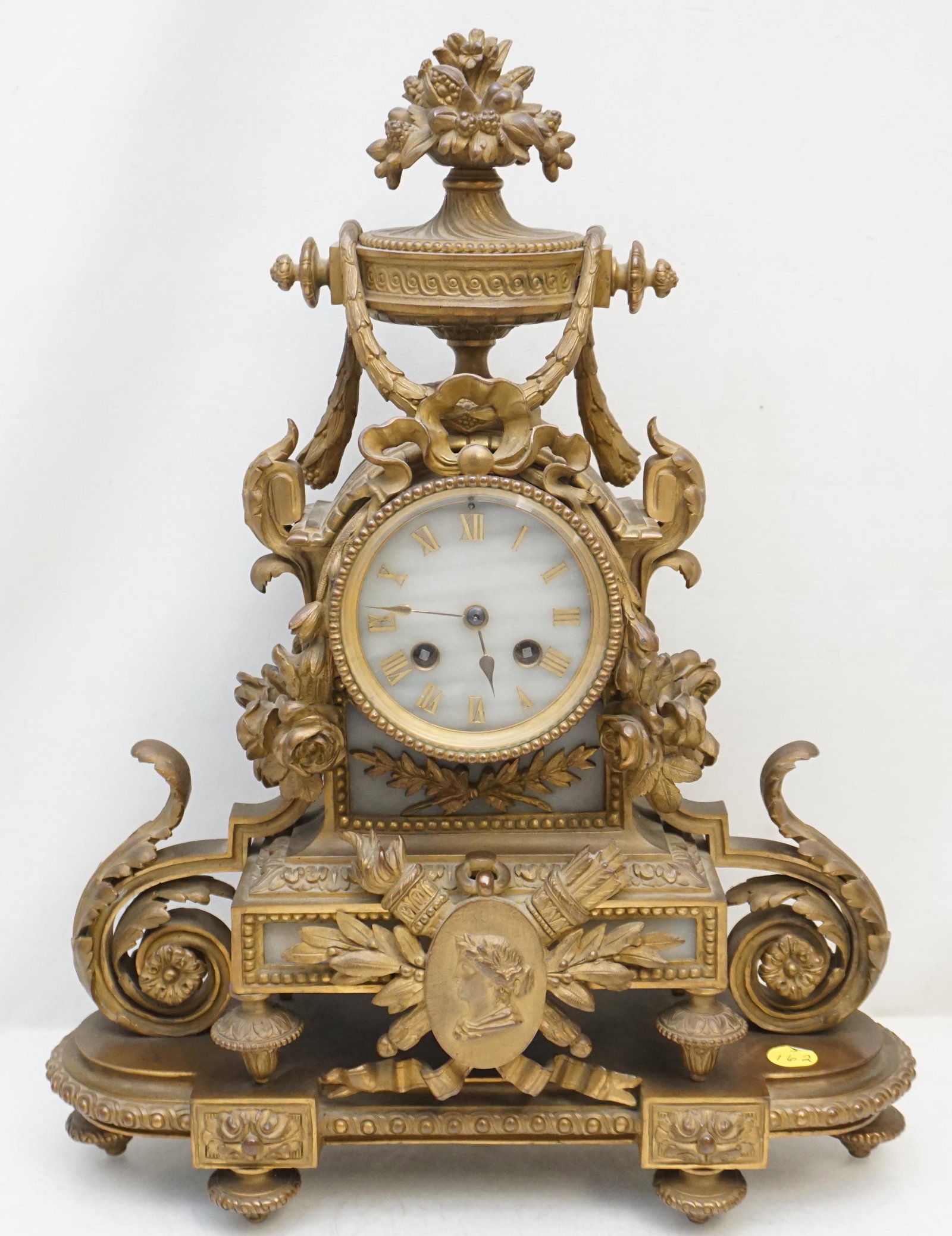 19th c LARGE BRONZE FELSING CLOCK: Antique Willibald Albert Conrad Felsing Classical Bronze Clock made c. 1894 with strike on bell. Original Pendulum and Key. Alabaster Dial with Beveled Glass. Glass door to back as well. Clock Measure