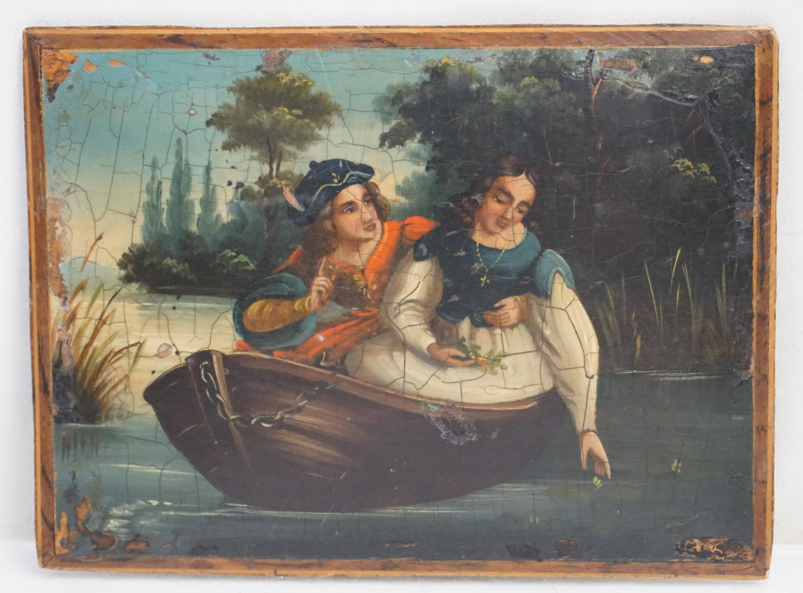 19th c. MINIATURE OIL ON PANEL: Antique 19th c. Miniature Continental Oil on Panel. Romantic boating scene. Measure 5 /4"x4". Overall craquelure and some loss to edges. PROVENANCE: A Private Charleston SC Estate.
