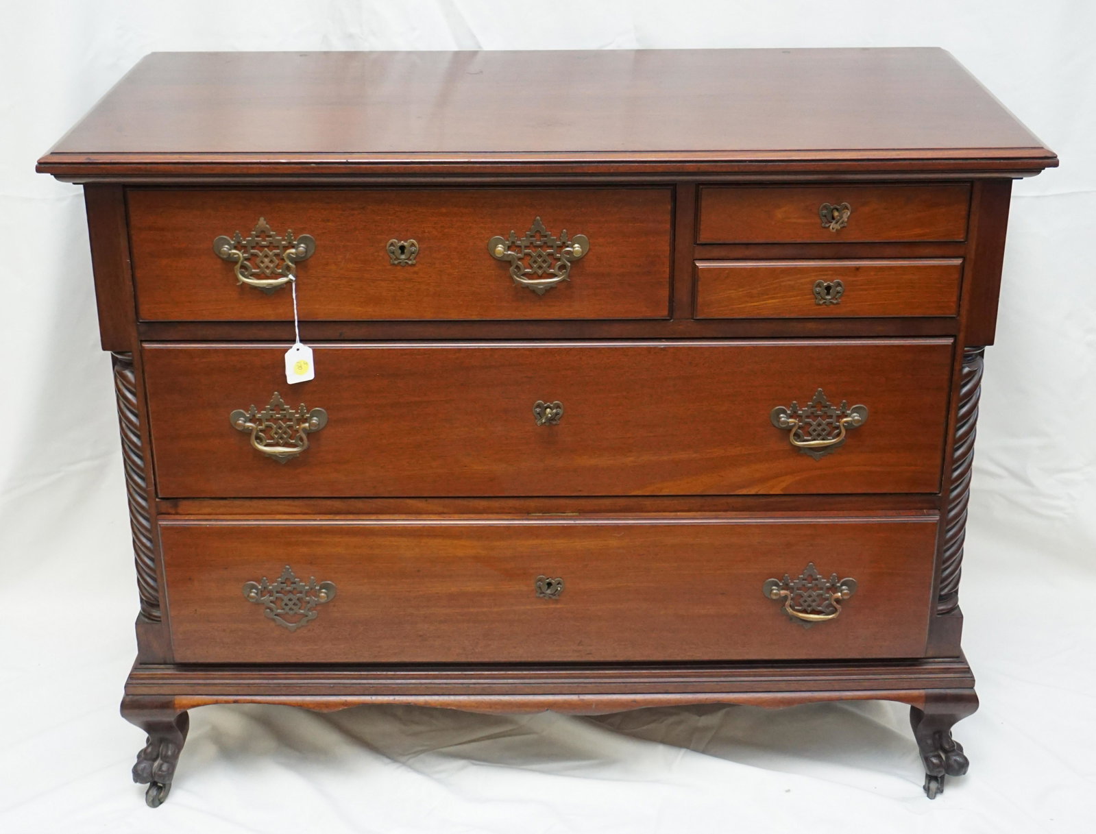 ANTIQUE CHIPPENDALE CHEST BOSTON: Antique American Chippendale Style Chest, Boston c. 1850, Five Drawer, with rope twist quarter columns on Paw Feet. With Key. Original brasses. 43"x20"x35" tall. PROVENANCE: A Private Charleston SC Es