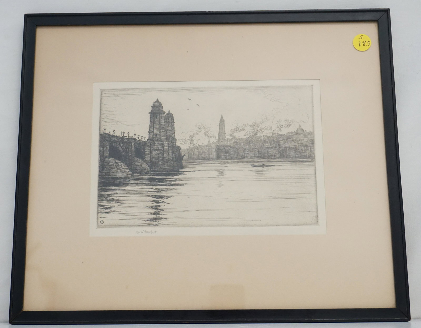 WEST BOSTON BRIDGE GALLAGHER ETCHING: Sears Gallagher (1869-1955) West Boston Bridge Very Scarce Etching. Artists proof, pencil signed. From the prestigious Doll & Richards Gallery (1863-1973) , Newbury Street, Boston. Gallery framed. In 