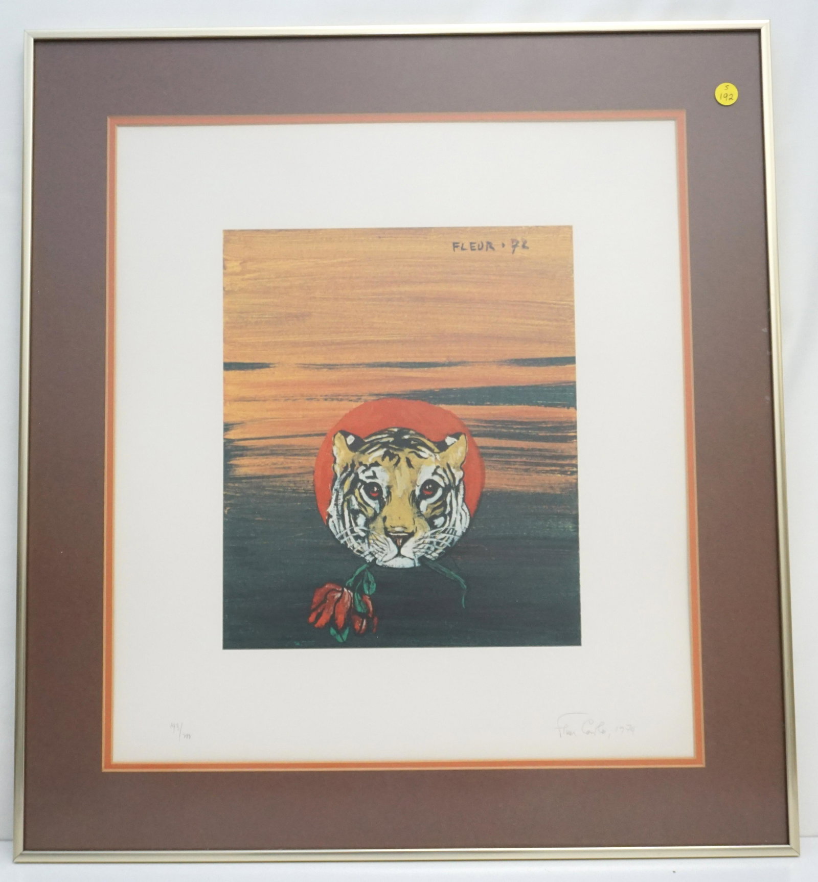 FLEUR COWLES(1908-2009) TIGER LITHO: Fleur (Florence Friedman) Cowles (American, 1908 - 2009) Limited Edition Tiger Lithograph 1974. Signed and Numbered in pencil by the artist. Gallery framed and double matted measures 27"x25"x1". Weigh