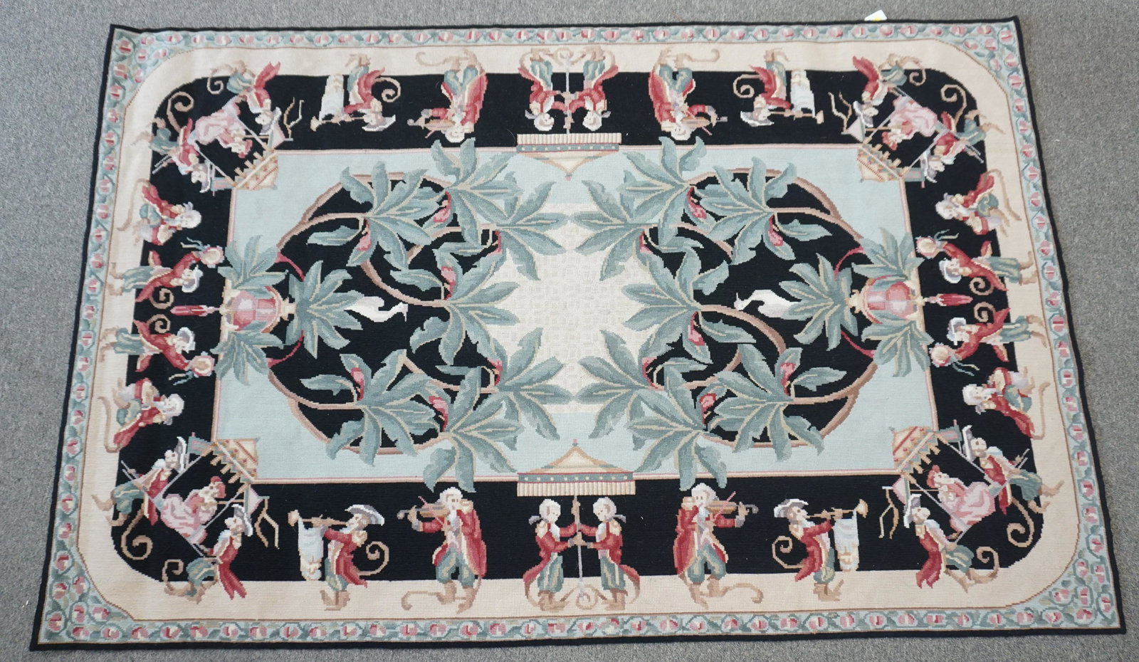 NEEDLEPOINT MONKEY RUG HAND WOVEN: Hand Woven Needlepoint French Aubusson country design Monkey Rug. Measures 44"x69". Weight 6 pds. . PROVENANCE: A Charleston SC Private Estate