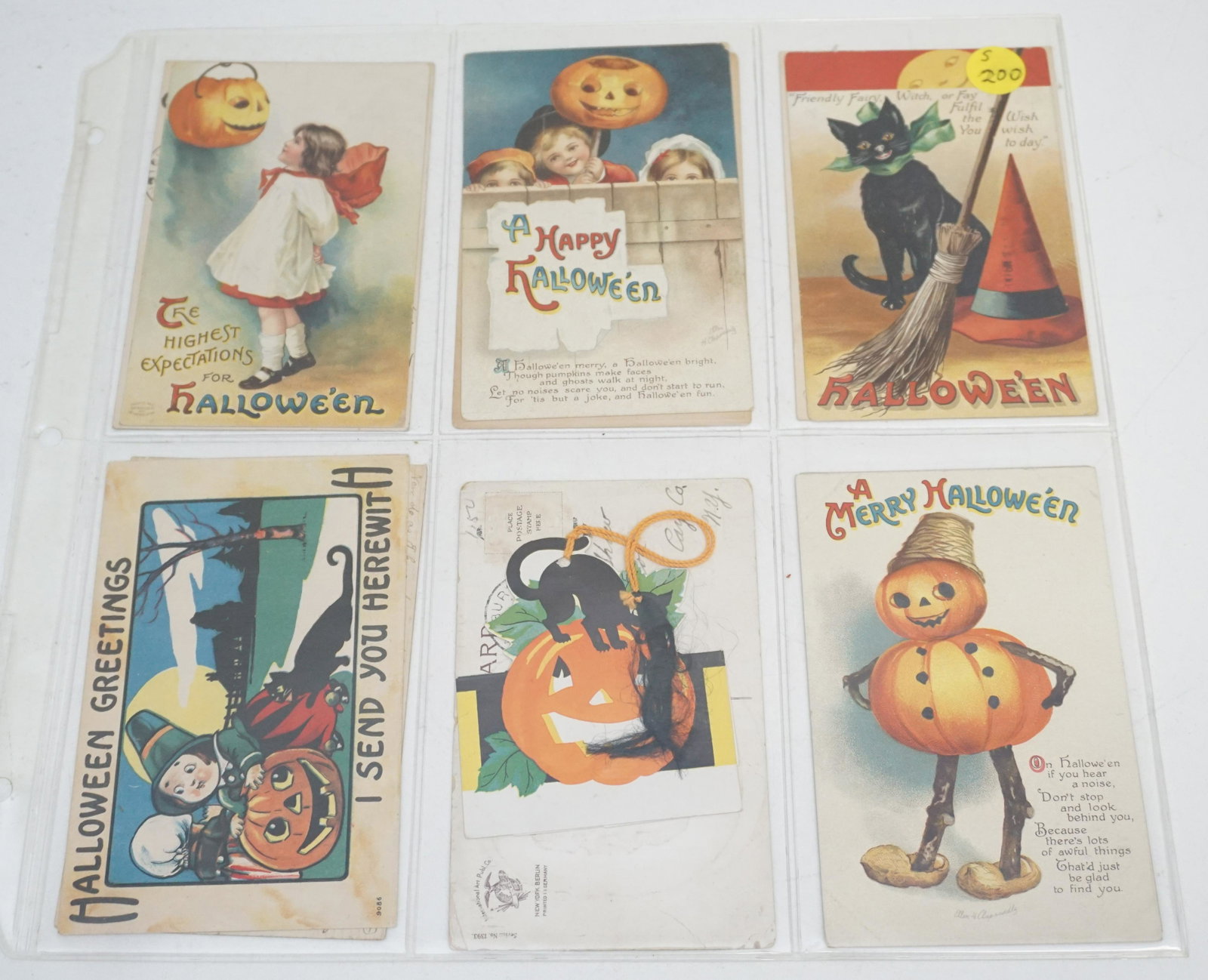 12 ANTIQUE HALLOWEEN POSTCARDS: 12 Original Early 20th c. Collectible Halloween Die Cut, Embossed, Litho Postcards. 11 Postcards and 1 is a Stand Up Place Card. Postcards include 9 by Art Publishing Co., 1 Whitney Pop up Postcard, 1