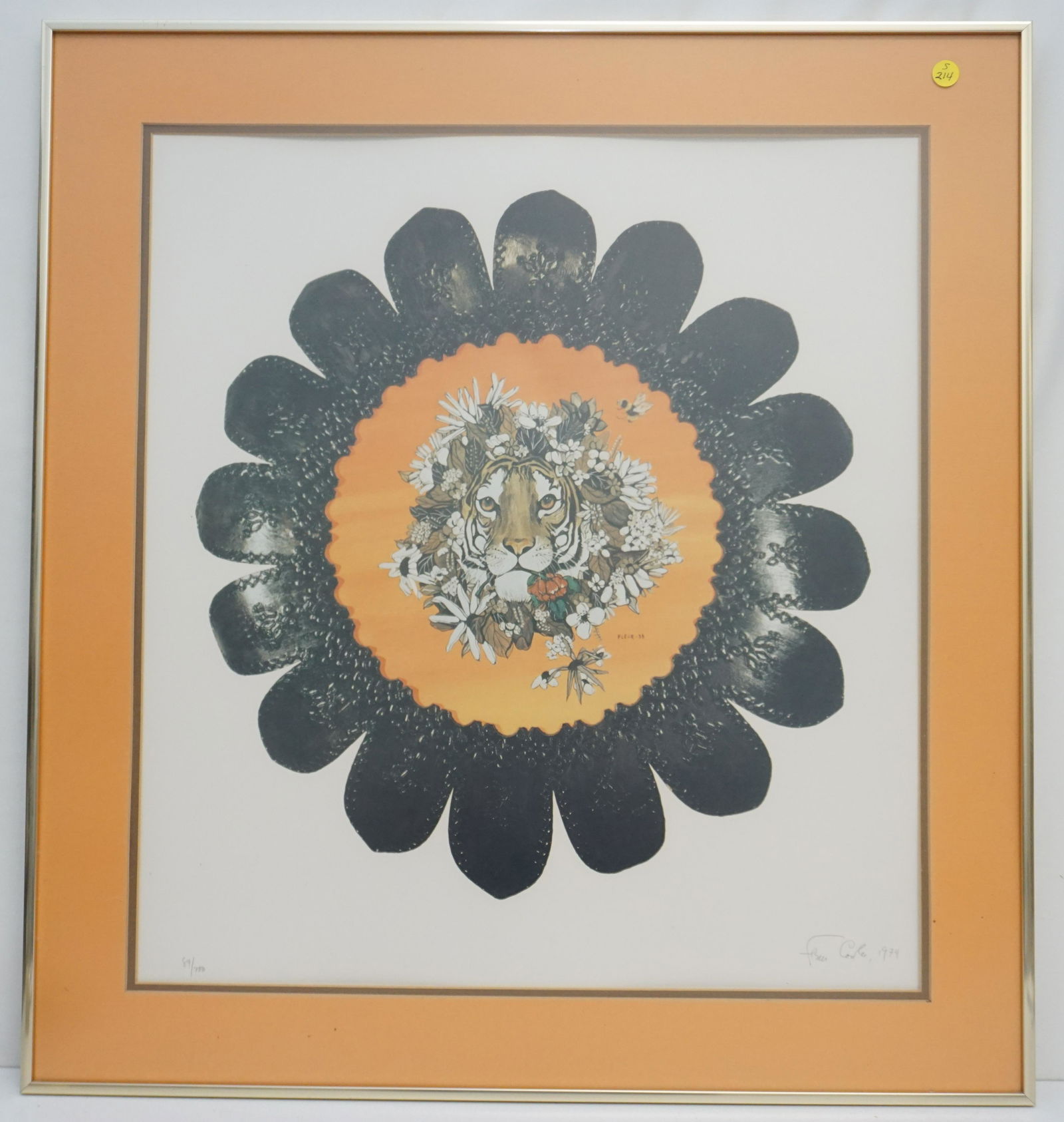 FLEUR COWLES (1908-2009) TIGER LITHO: Fleur (Florence Friedman) Cowles (American, 1908 - 2009) Limited Edition Tiger Lithograph 1974. Signed and Numbered in pencil by the artist. Gallery framed and double matted measures 30"x28"x1". Weigh