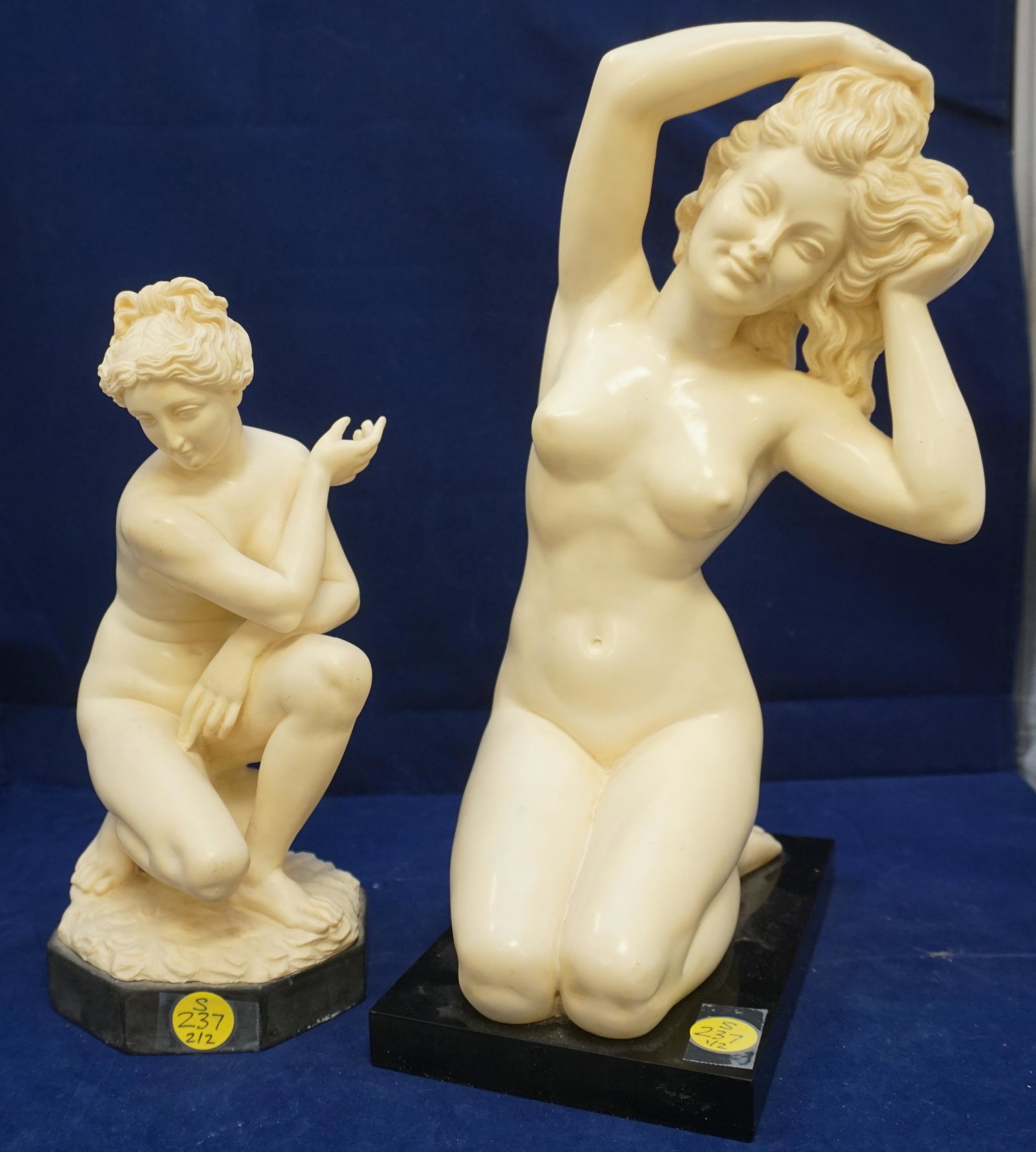 2 G. RUGGERI NUDE FIGURES: 2 G. Ruggeri Classical Nude Figures on marble stands.These are made in Italy, using a process of combining marble, alabaster and resin. 9 1/2" and 12". Weight 10 pds.. PROVENANCE: A Charleston SC Priv