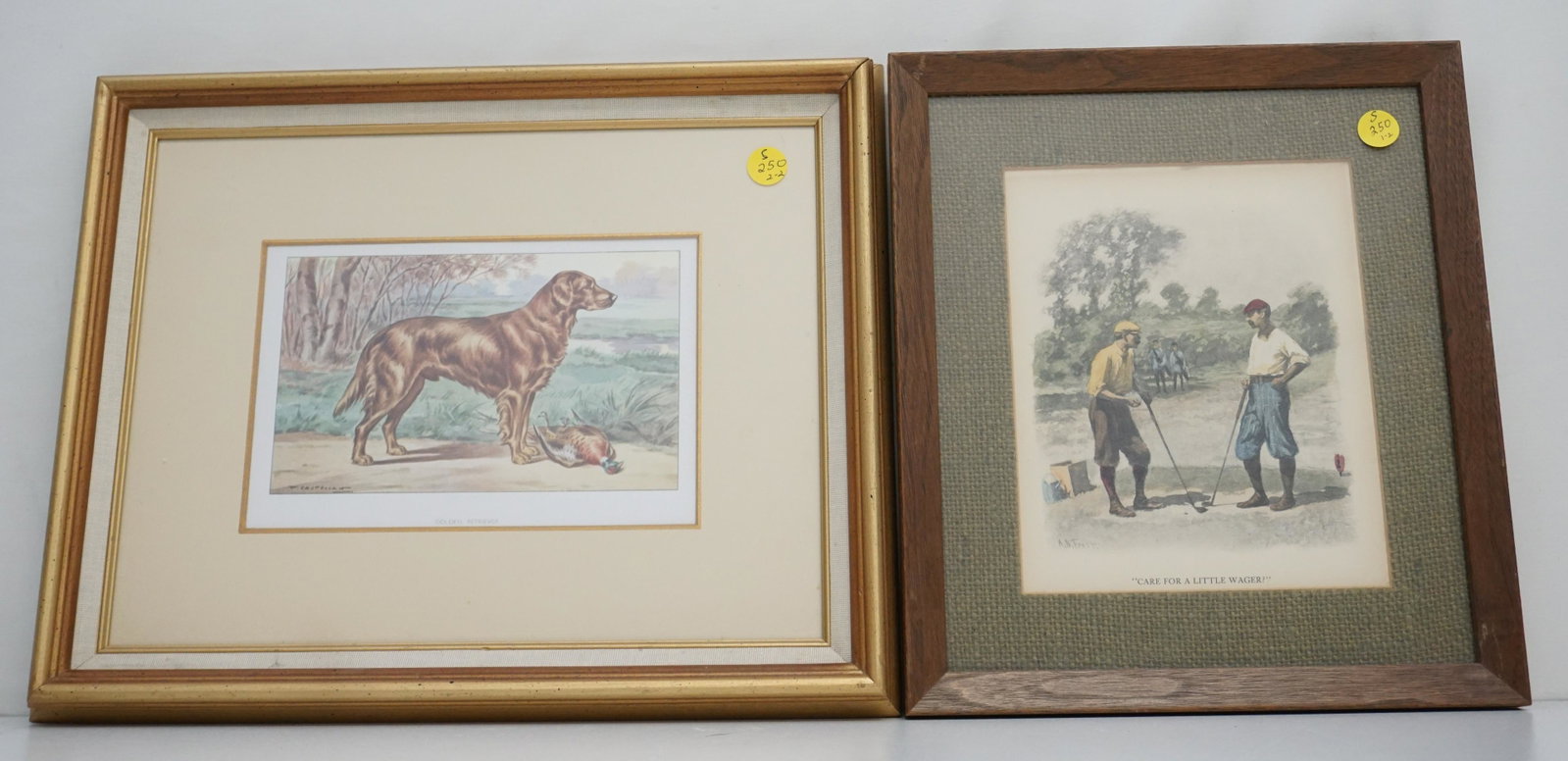 2 PRINTS GOLF + GOLDEN RETRIEVER: From the estate of P.J. Boatwright. 1- "Care for a Little Wager" Lithograph by A.B. Frost, in frame 10 1/2"x12"x1". 2- Golden Retriever chromolithograph from the work Les Chiens de Chasse. The work wa