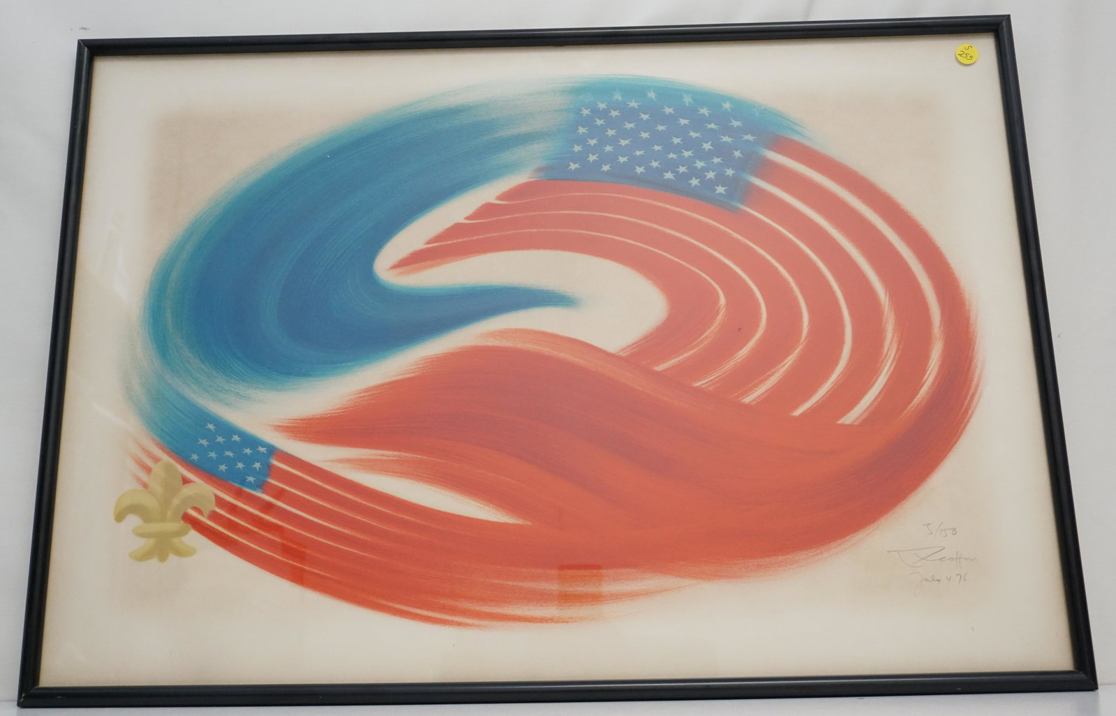 1976 POP ART FLAG PRINT LTD ED: Vintage 1976 Limited Edition Pop Art Flag with Fleur de Lis. Number 5 of an edition of 150. Signed and numbered in pencil by the artist and dated July 4.76. Bicentennial. In frame with mat measures 22