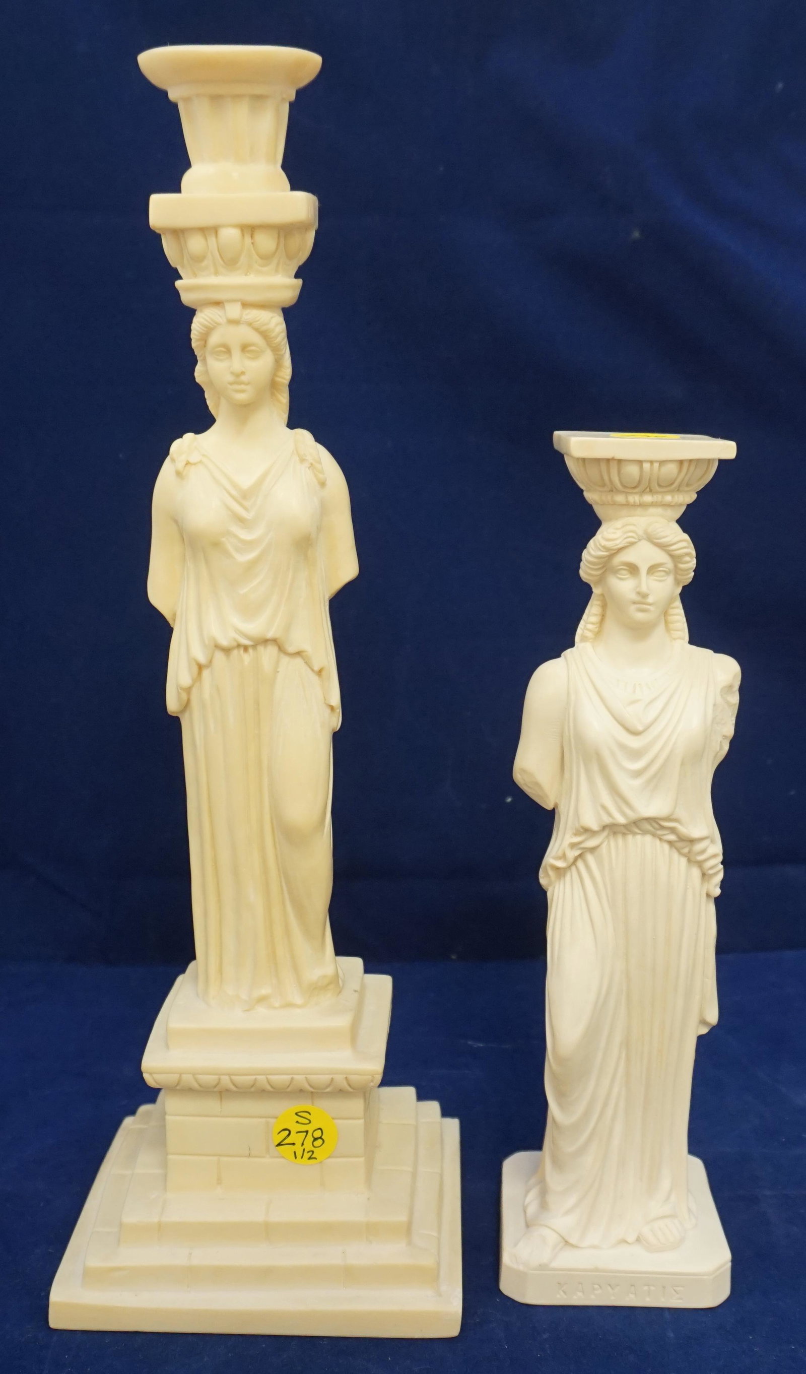 2 SANTINI + RUGGERI COMPOSITE FIGURES: Two A. Santini and A. Ruggeri Composite Resin Classical Column Figures, Santini 13 1/4" and Classical Grecian Maiden 10". Weight 11 pds 8 oz. Amilcare Santini was instrumental in developing the proces