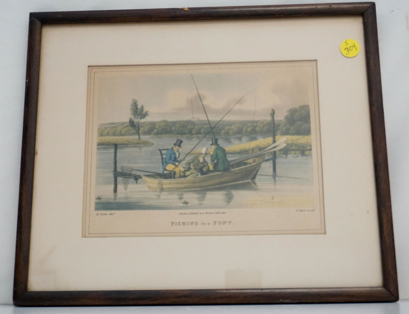 ANTIQUE ALKEN SPORTING PRINT: Henry Thomas Alken Sr (England 1785 - 1851) engraving. Title 'Fishing in a Punt'. Fishing in a Punt shows three men in a rowboat fishing with rods in calm waters, their boat tied to two posts, with a