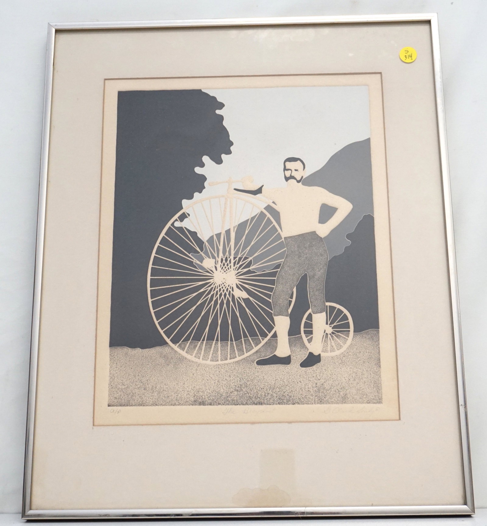 G. CLARK SEALY INTAGLIO ETCHING: Vintage G. Clark Sealy III (maine, b. 1955) Intaglio Etching Artists Proof "The Bicyclist". Titled and signed by the artist. Chrome gallery frame. In frame measures 17"x22"x1". Weight 4 pds. PROVENANC