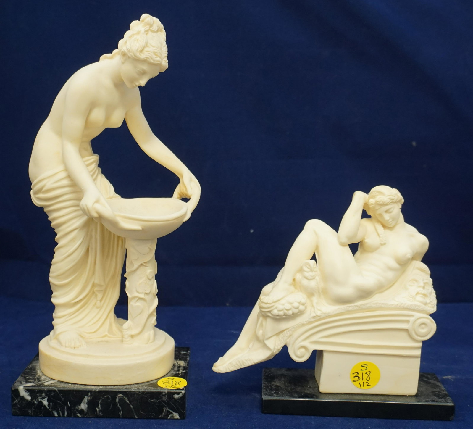 2 G. RUGGERI NUDE GREEK FIGURES: 2 G. Ruggeri Classical Nude Figures on marble stands.These are made in Italy, using a process of combining marble, alabaster and resin. 5 3/4" and 10". Weight 4 pds.. PROVENANCE: A Charleston SC Priva