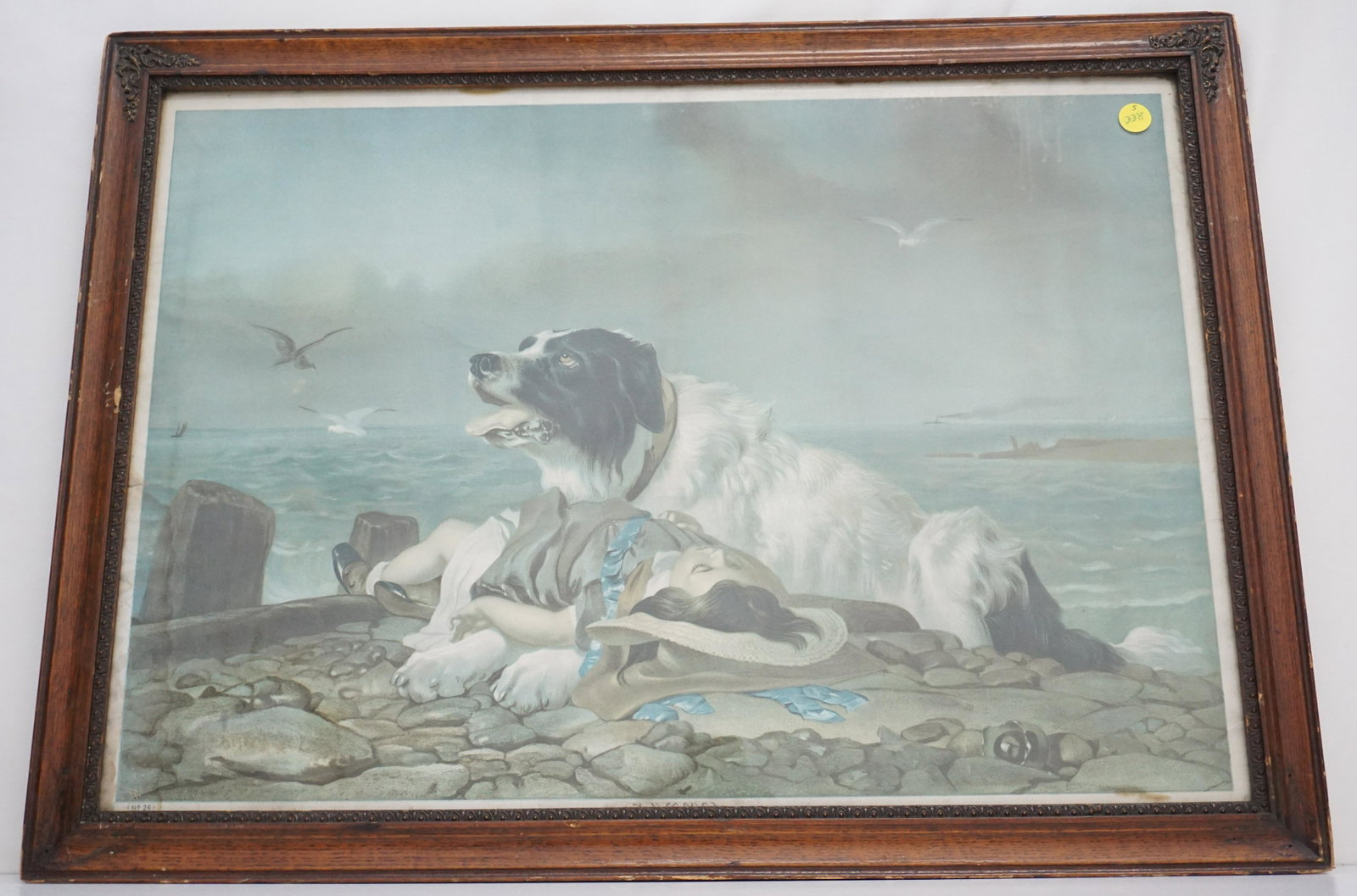 ANTIQUE LANDSEER LITHO SAVED ST BERNARD: Antique Victorian Lithograph "Saved" by Sir Edwin Landseer (1802-1873). Antique frame under glass. In frame measures 27"x20"x3/4". Weight 5 pds 3 oz.