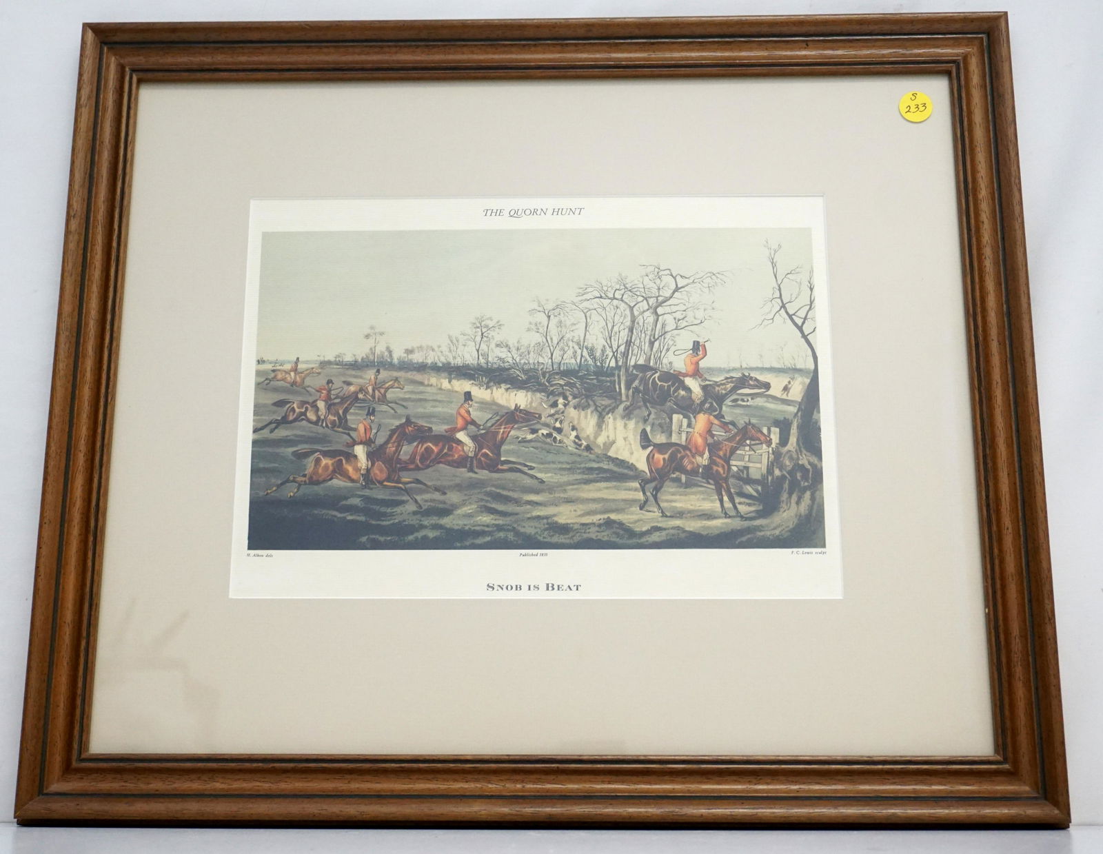 ALKEN SPORTING PRINT SNOB IS BEAT: Vintage Henry Thomas Alken Sr (England 1785 - 1851) print. Title 'Snob is Beat'. Framed and matted under glass. In frame 21"x18"x1". Weight 4 pds. PROVENANCE: A NYC / Charleston SC Private Estate.