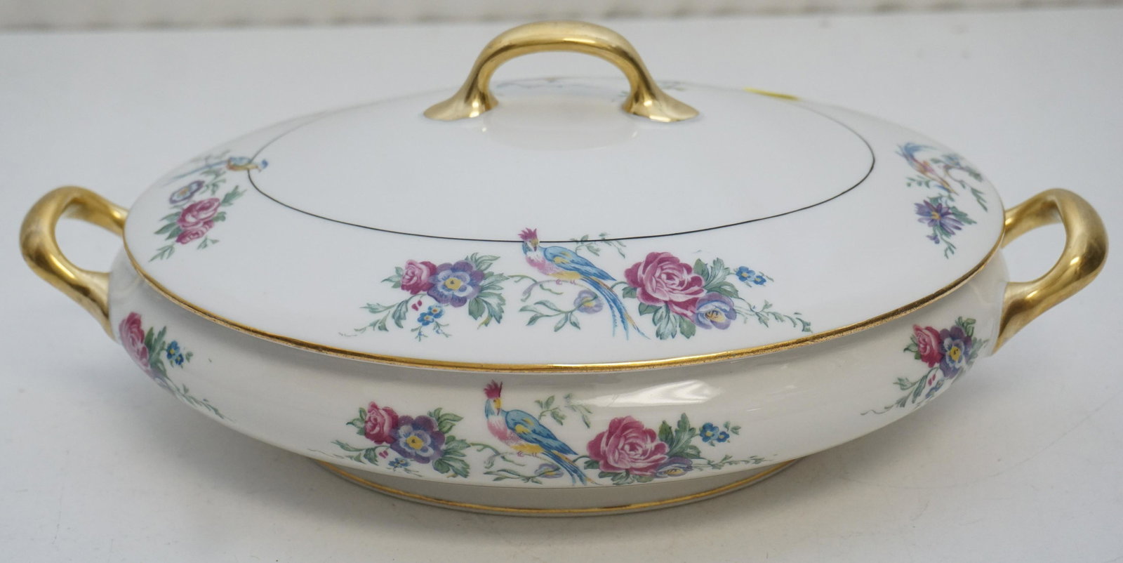 LIMOGES BIRD OF PARADISE COVERED VEGETABLE: Antique Limoges France Jean Boyer Oval Covered Serving Bowl and Lid. Hallmark for Limoges and retailed at Frederick Loeser & Co, Brooklyn. Frederick Loeser & Co. was a large department store in Brookl