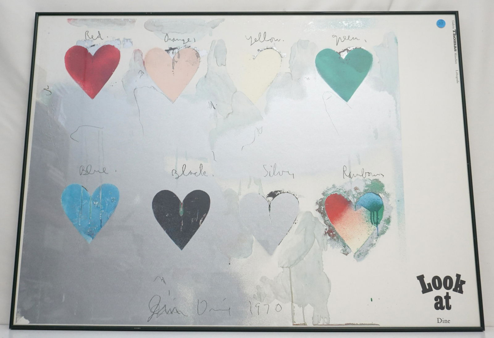 JIM DINE (b. 1935) EIGHT HEARTS 1970: Jim Dine "Look at Dine" lithograph, Galerie Thomas, Munchen. Signed and dated by the artist in the plate. Off-set Lithograph with metallic paper collage overlay. In Frame 36"x26"x1". Weight 10 pds. Ji